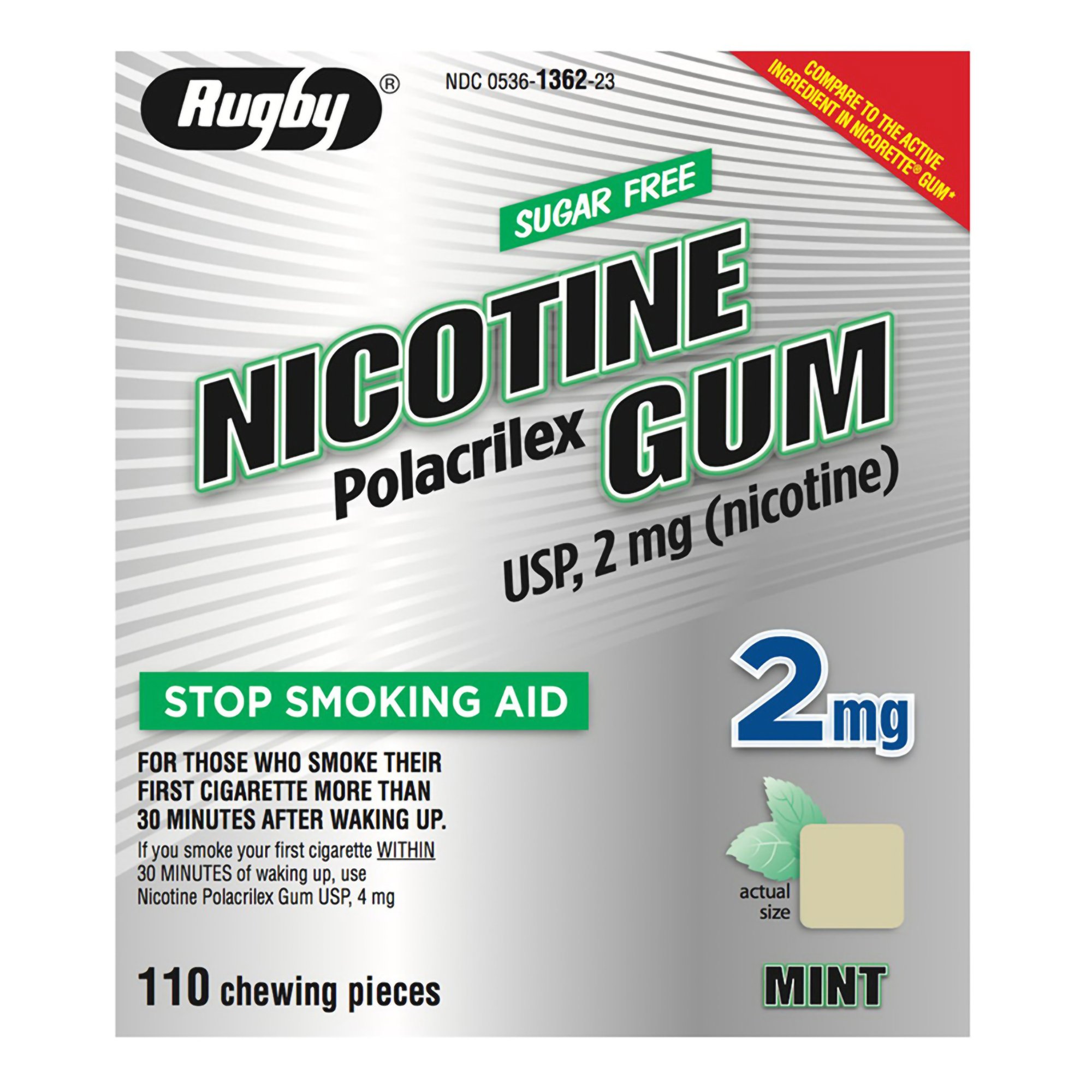 Major Pharmaceuticals 00536136223 - Rugby® Sugar-Free Nicotine Gum 2 mg Nicotine Stop Smoking Aid, Mint Flavor - 110/Box