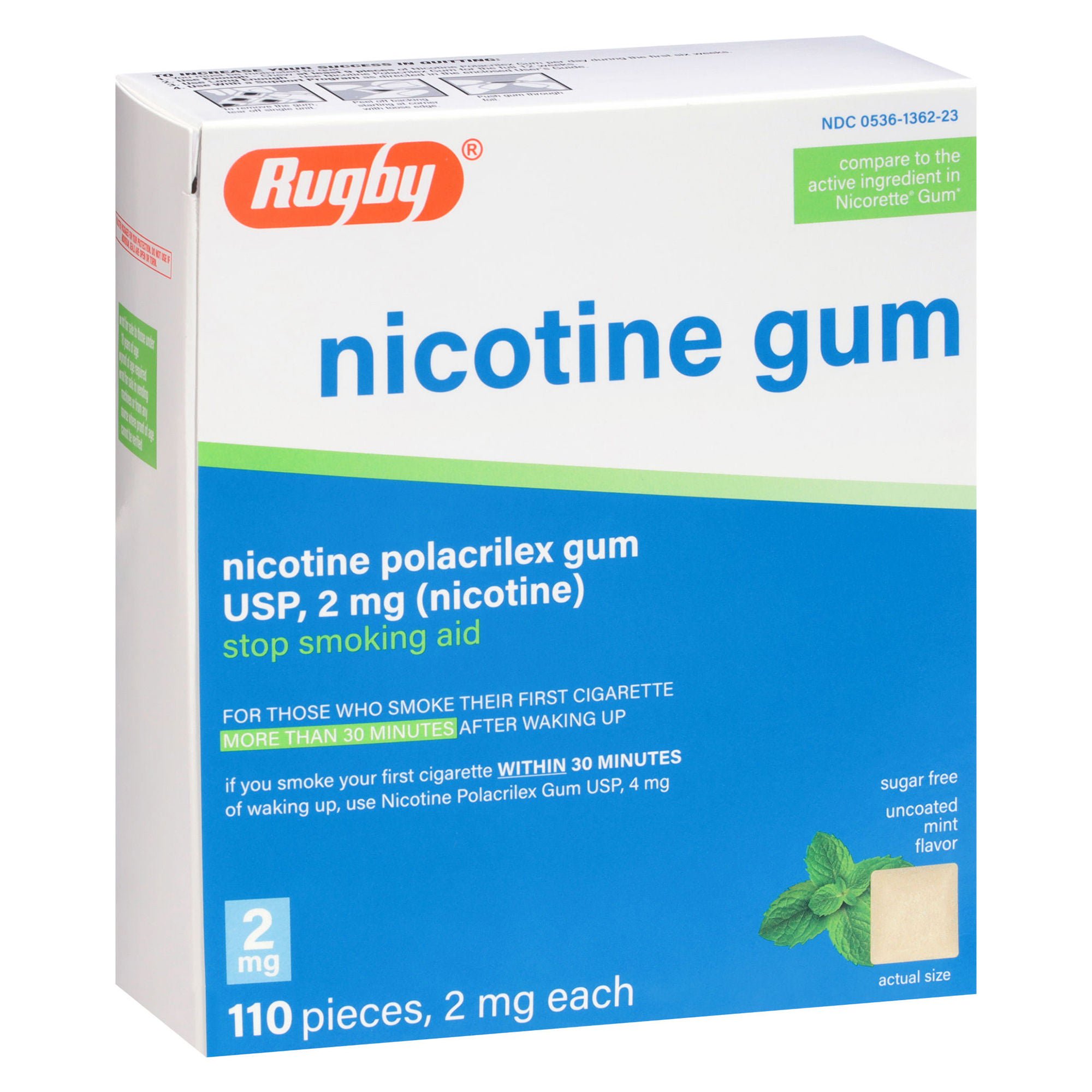Major Pharmaceuticals - 00536136223 Rugby® Sugar-Free Nicotine Gum 2 mg Nicotine Stop Smoking Aid