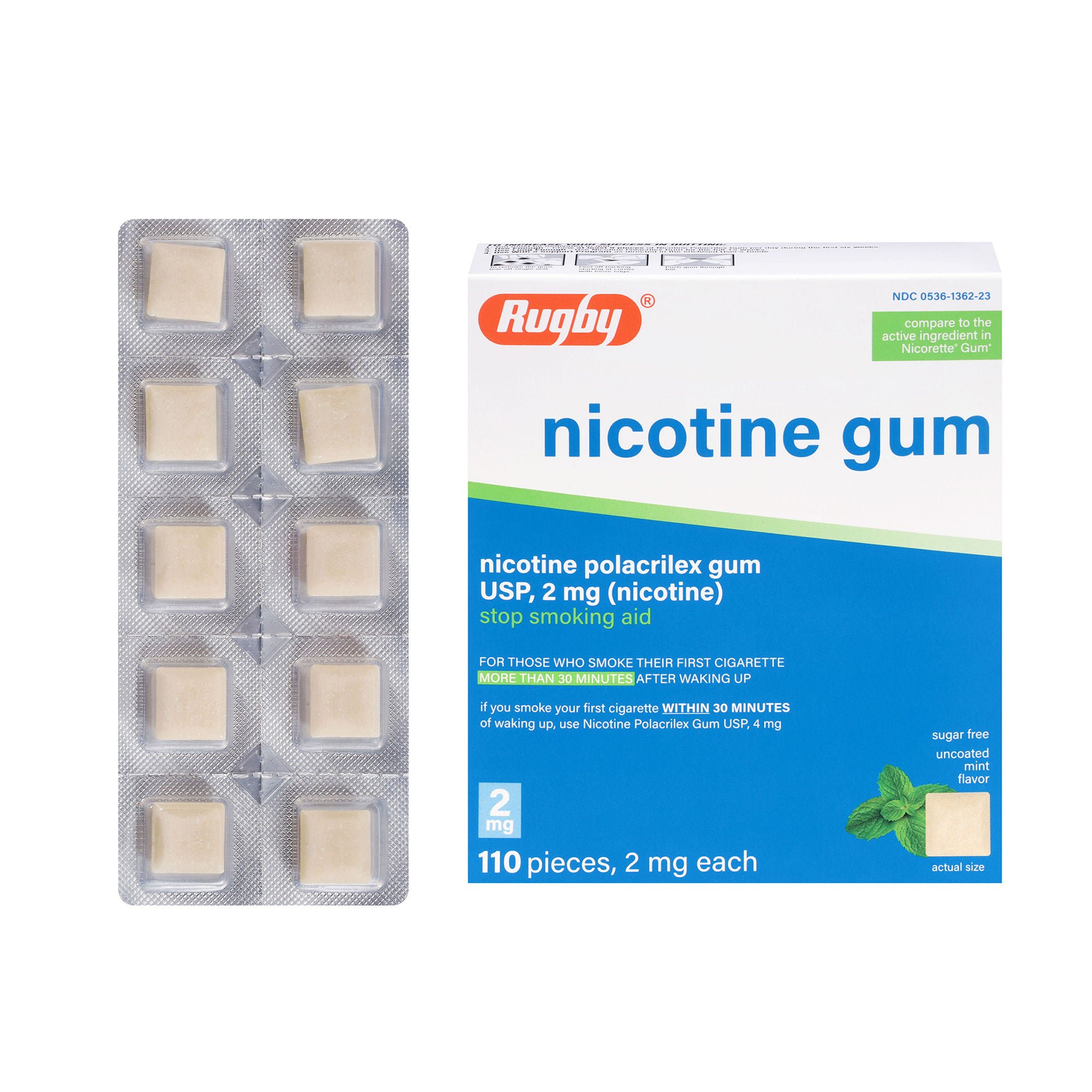 Major Pharmaceuticals - 00536136223 Rugby® Sugar-Free Nicotine Gum 2 mg Nicotine Stop Smoking Aid