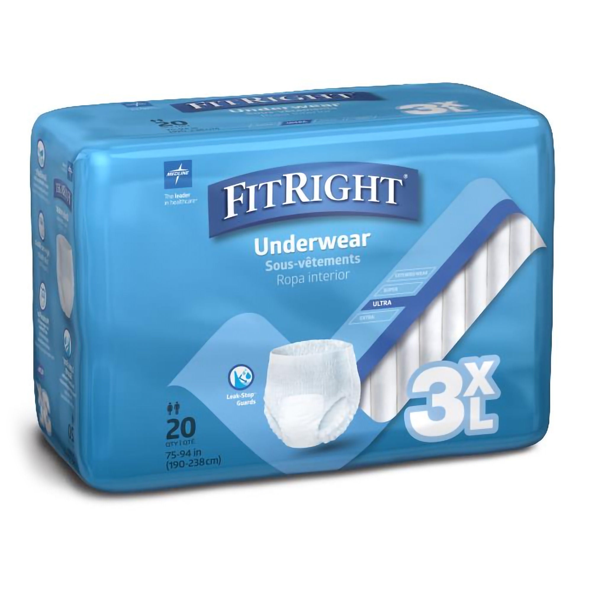 Medline - FIT800 Absorbent Underwear FitRight® Bariatric Pull On with Tear Away Seams Adult 3X-Large Unisex Disposable Heavy Absorbency