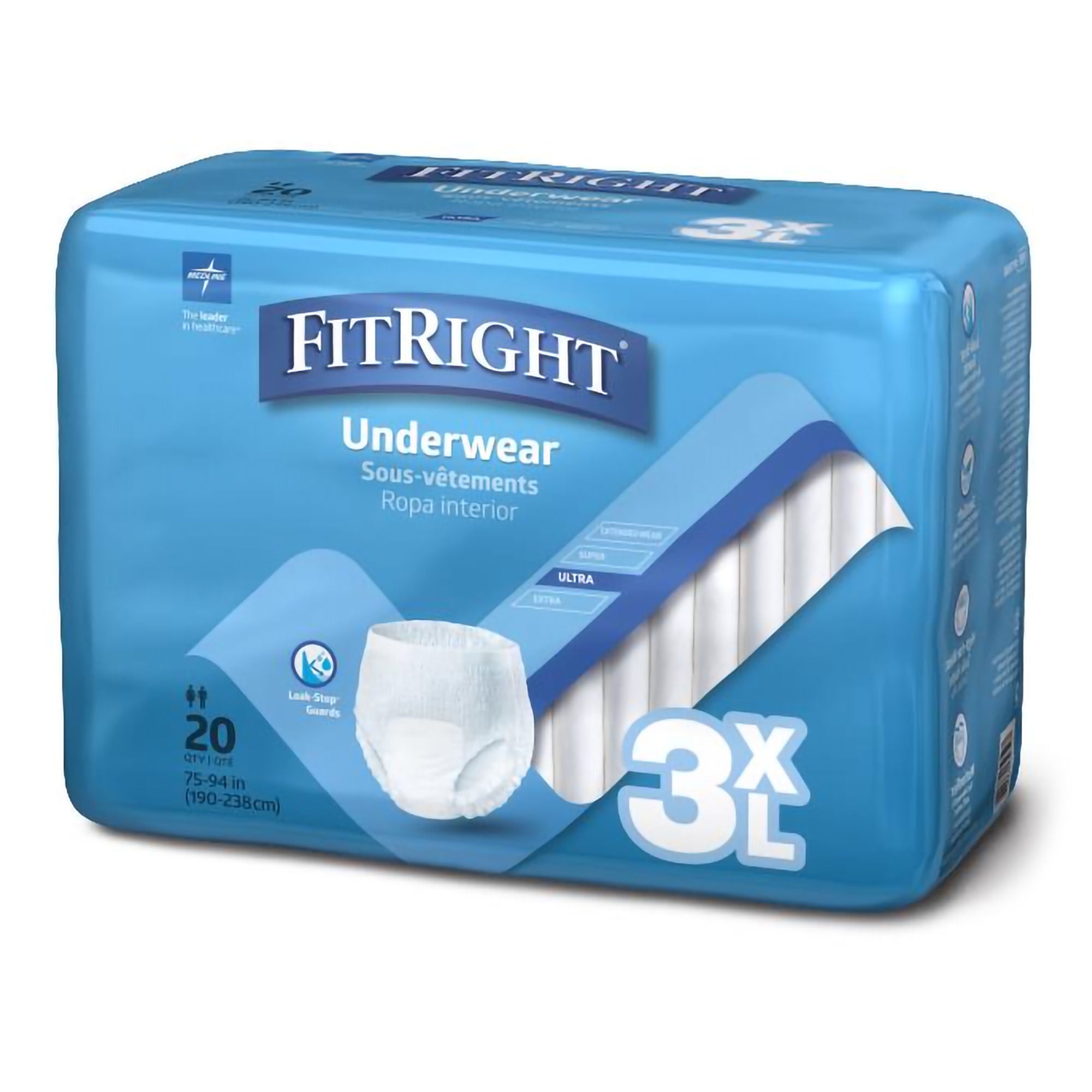 Medline - FIT800 Absorbent Underwear FitRight® Bariatric Pull On with Tear Away Seams Adult 3X-Large Unisex Disposable Heavy Absorbency