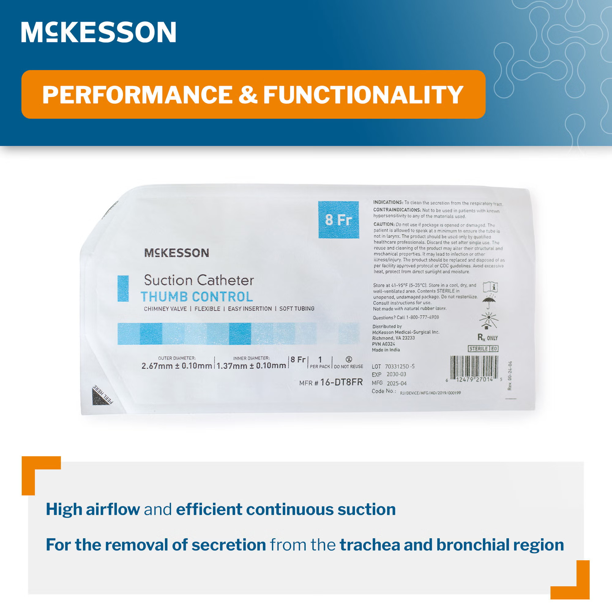 McKesson Brand - 16-DT8FR Suction Catheter McKesson Flexible Type DeLee Tip Open Style Chimney Control Vent 8 Fr. Sterile