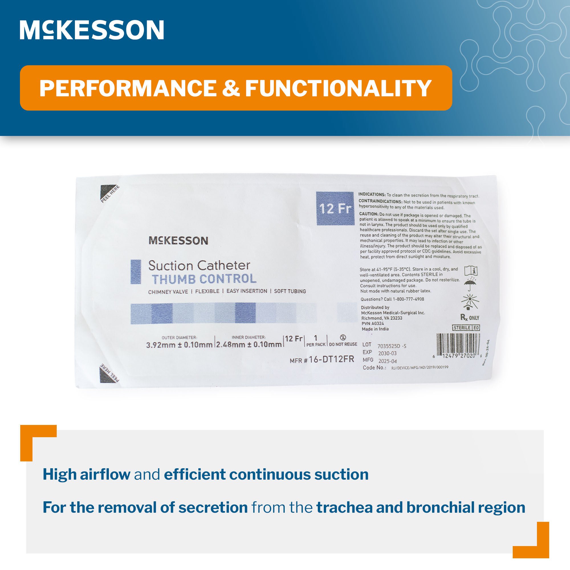 McKesson Brand - 16-DT12FR Suction Catheter McKesson Flexible Type DeLee Tip Open Style Chimney Control Vent 12 Fr. Sterile