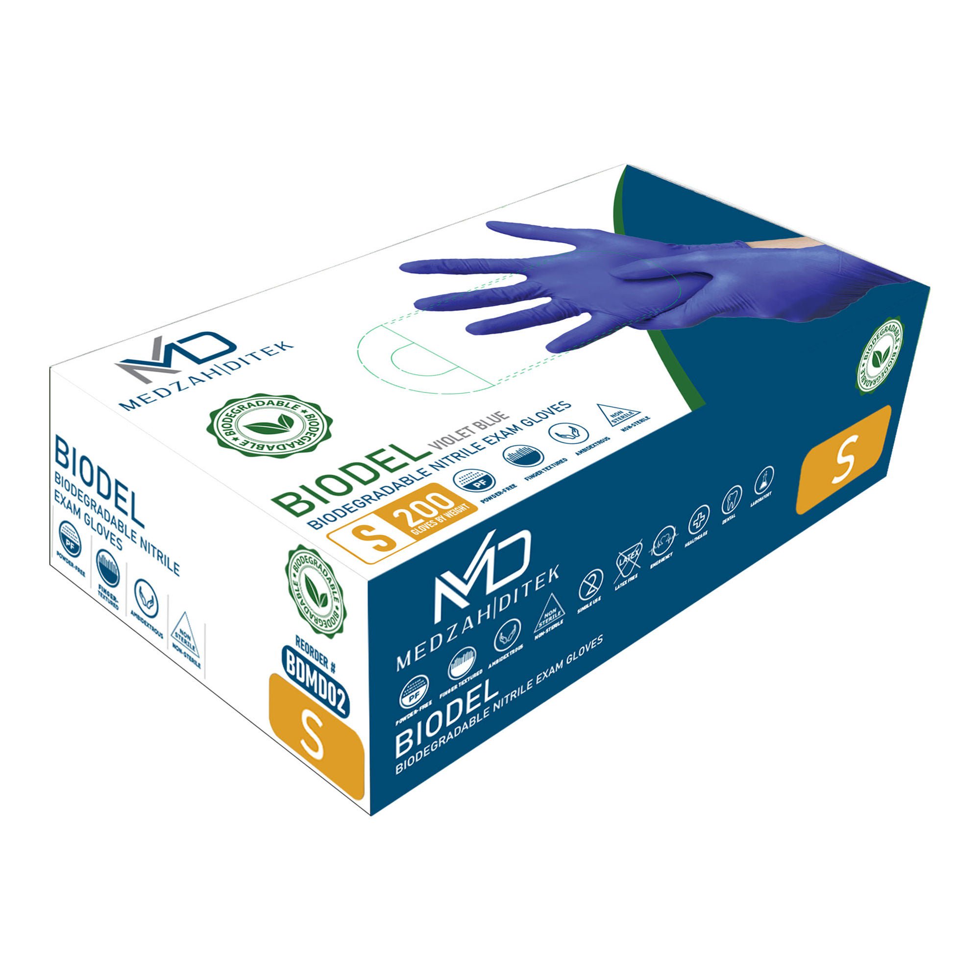 Medzah Industries - BDMD02 Exam Glove BIODEL Small 200 per Box NonSterile Nitrile Standard Cuff Length Textured Fingertips Violet Blue Chemo Tested / Fentanyl Tested