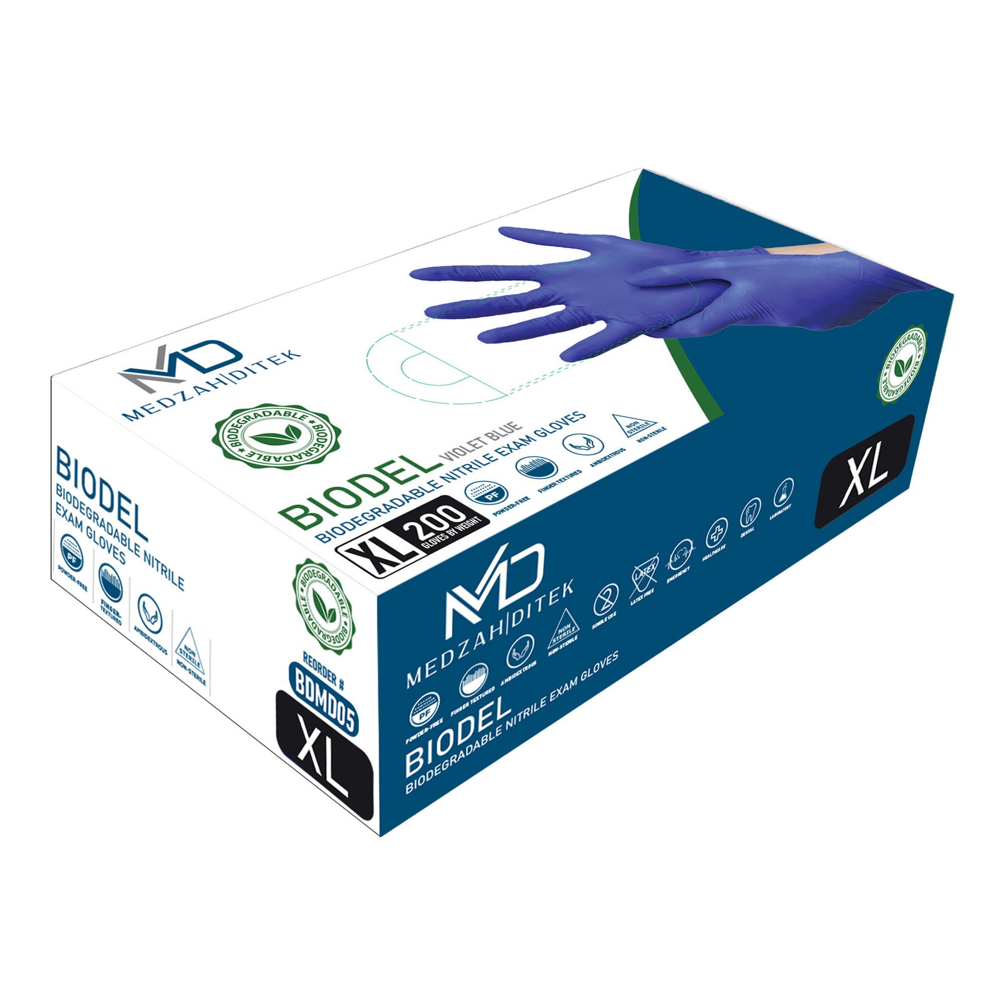 Medzah Industries - BDMD05 Exam Glove BIODEL X-Large 200 per Box NonSterile Nitrile Standard Cuff Length Textured Fingertips Violet Blue Chemo Tested / Fentanyl Tested