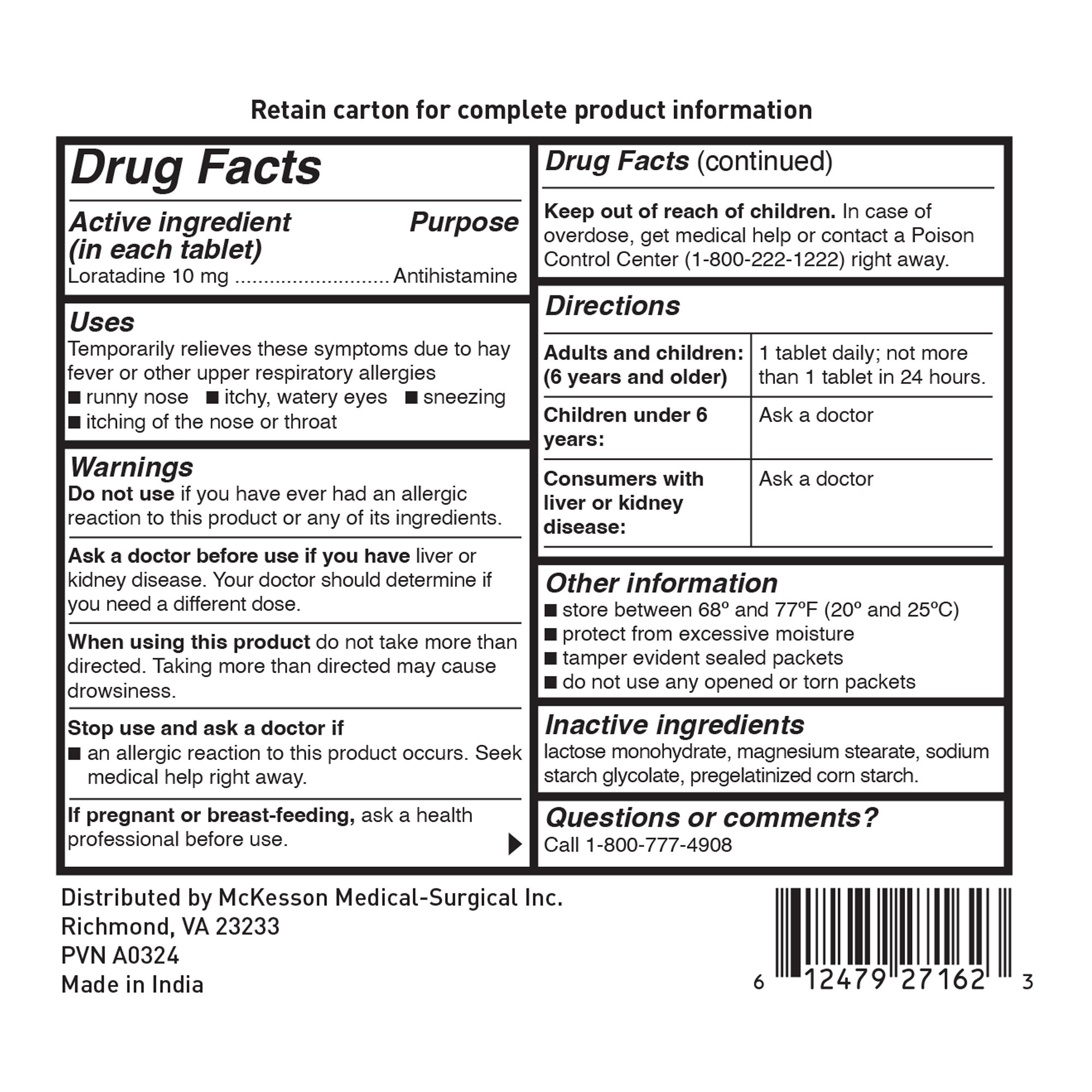 McKesson Brand 82477 - McKesson 10-mg Loratadine Allergy Relief Tablets - 50/Box, 1200/Case