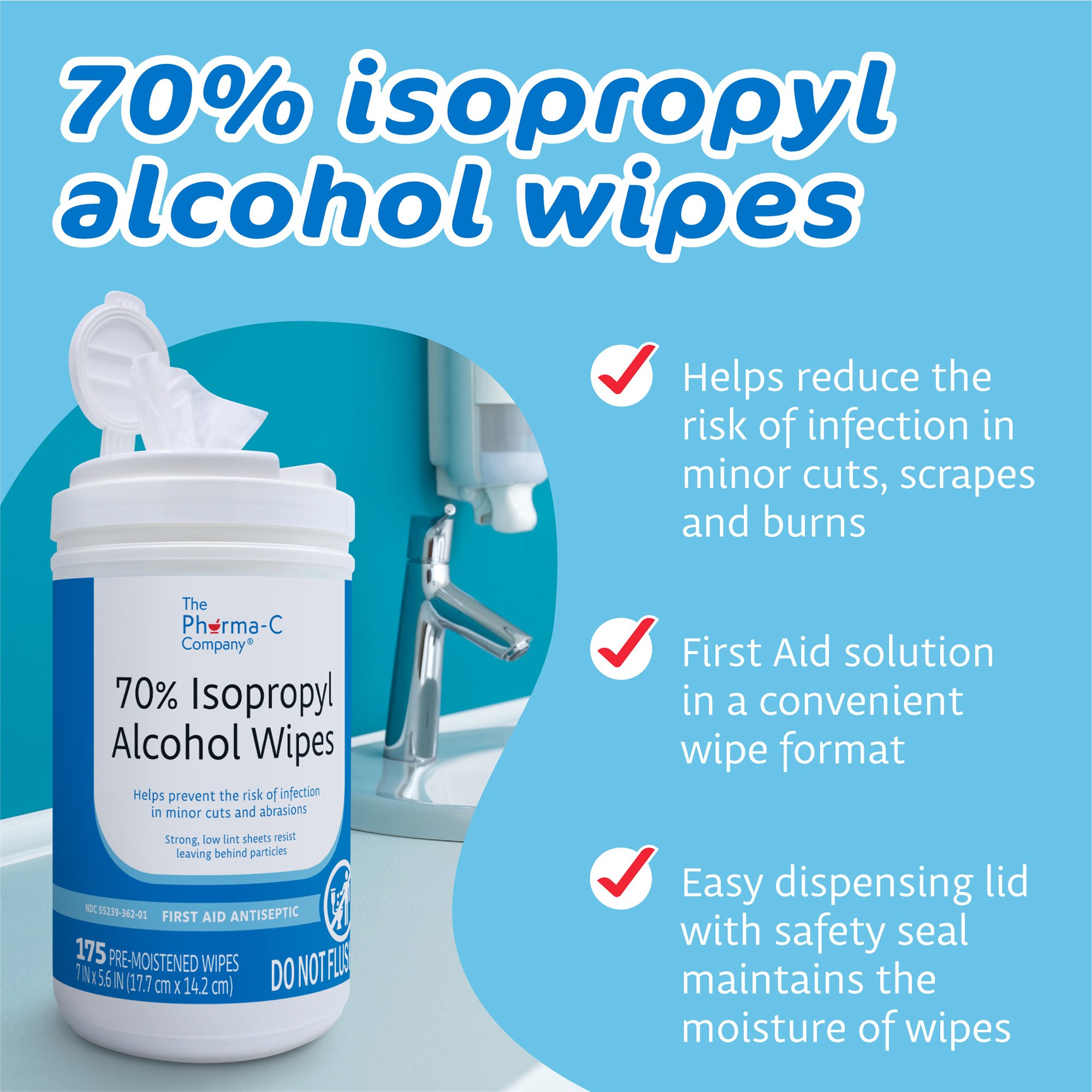 Kleen Test Products Corp 63-10413 - The Pharma-C Company® Isopropyl Alcohol Antiseptic Skin Wipe - 175/Carton, 1050/Case