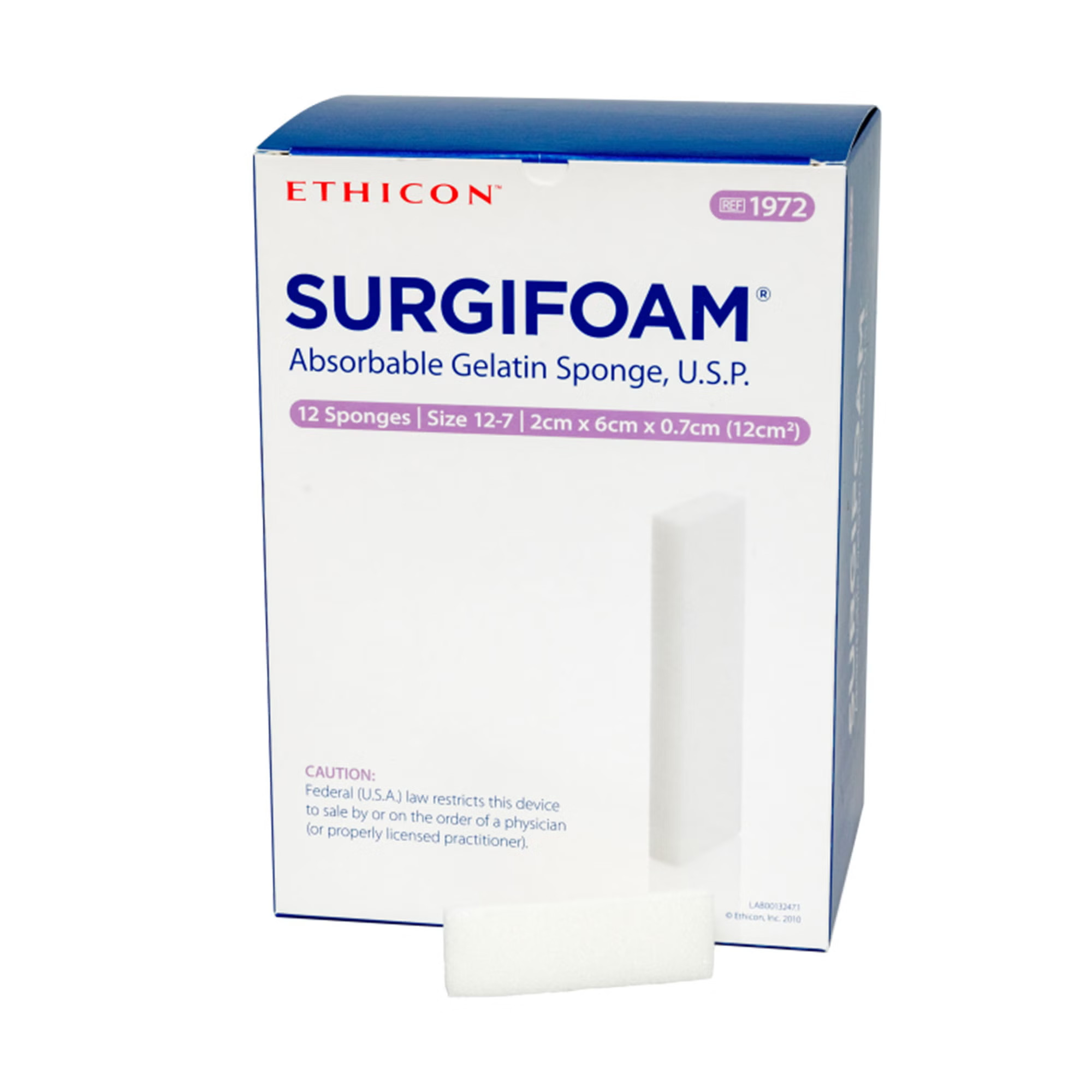 J & J Healthcare Systems - 1972 Absorbable Gelatin Sponge SURGIFOAM® 2 X 6 cm X 7mm 12 Count Sterile