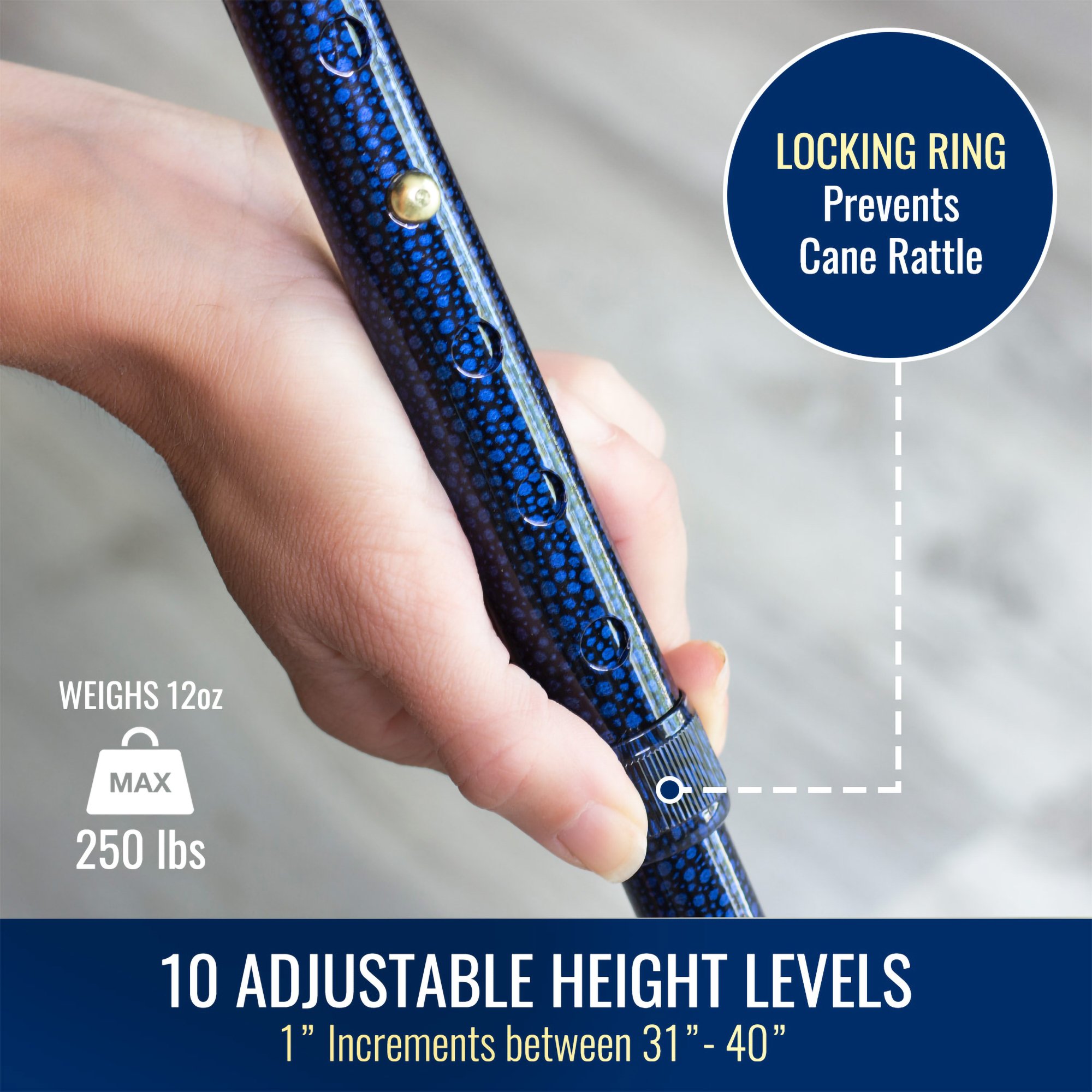 Mabis Healthcare 502-1351-9913 - DMI® Lightweight Adjustable T-Handle Cane, Blue, 31 – 40 Inch Height - 1/Each