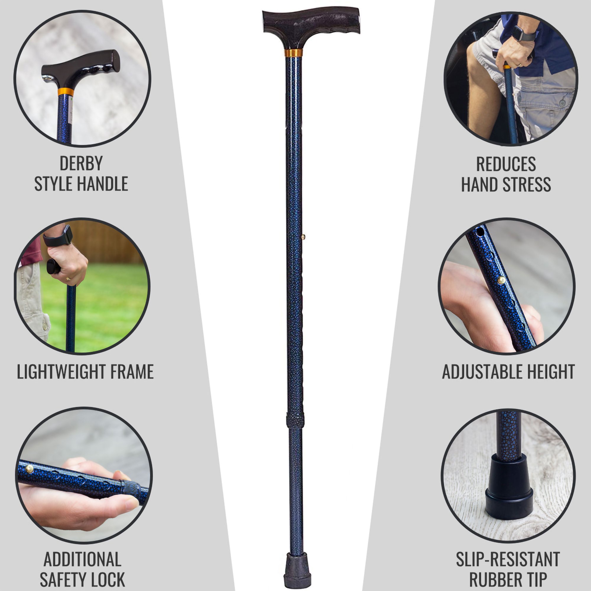 Mabis Healthcare 502-1351-9913 - DMI® Lightweight Adjustable T-Handle Cane, Blue, 31 – 40 Inch Height - 1/Each