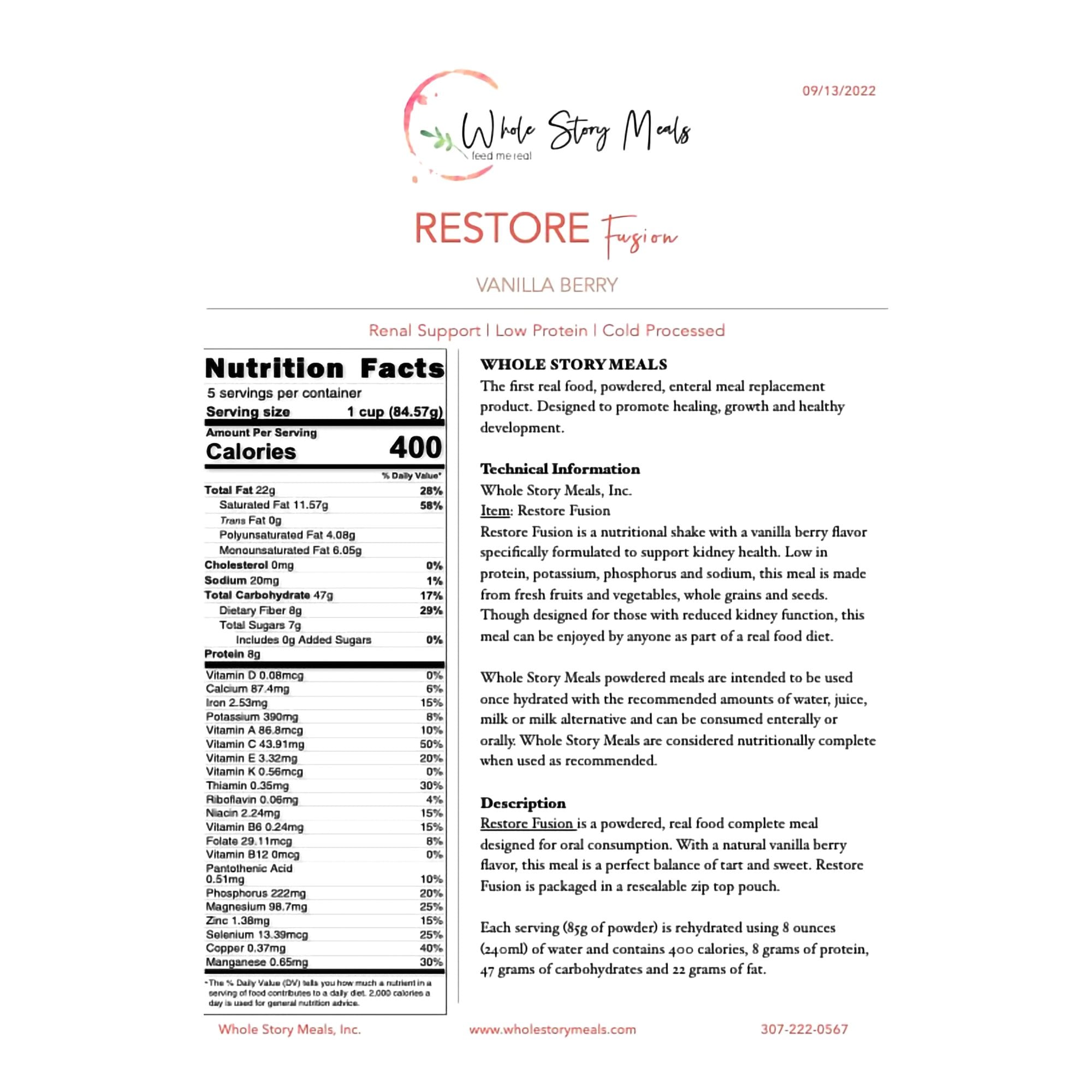 Whole Story Meals 7126 - Whole Story Meals™ Restore Renal Support for Oral & Enteral Feed, Vanilla Berry - 1/Each, 30/Case
