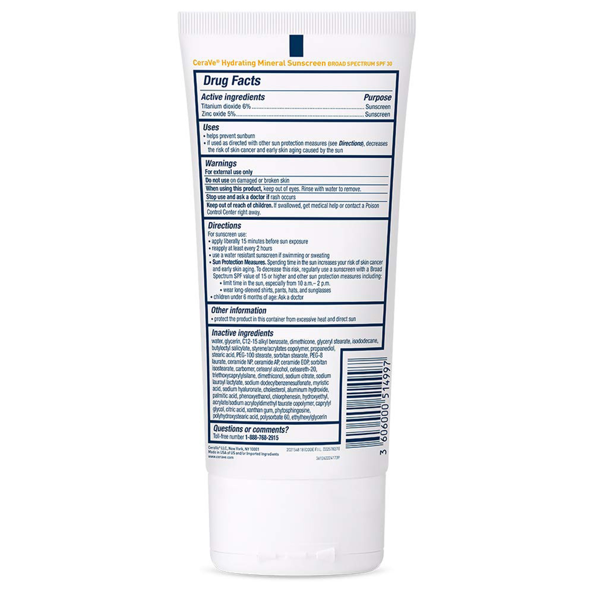 Loreal USA 60600051499 - CeraVe® Hydrating Mineral Sunscreen for Body SPF 30, 5-ounce Tube - 1/Each