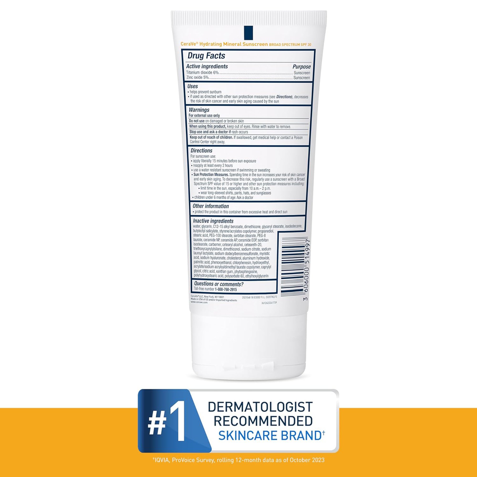 Loreal USA 60600051499 - CeraVe® Hydrating Mineral Sunscreen for Body SPF 30, 5-ounce Tube - 1/Each