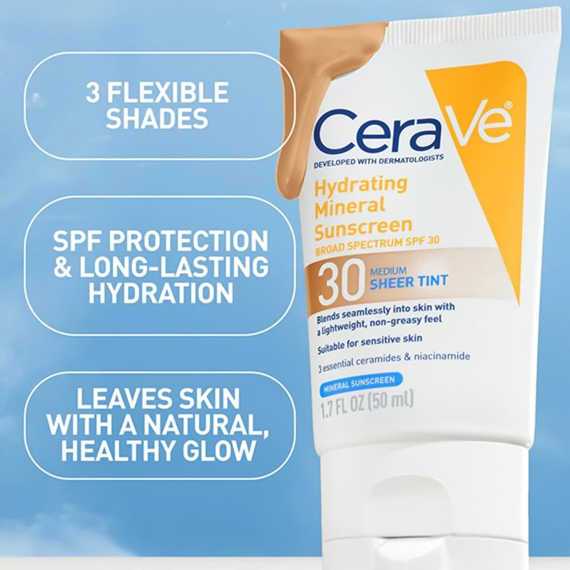Loreal USA 60600051231 - CeraVe® Hydrating Mineral Sunscreen Medium Sheer Tint, SPF 30, 1.7-ounce Tube - 1/Each