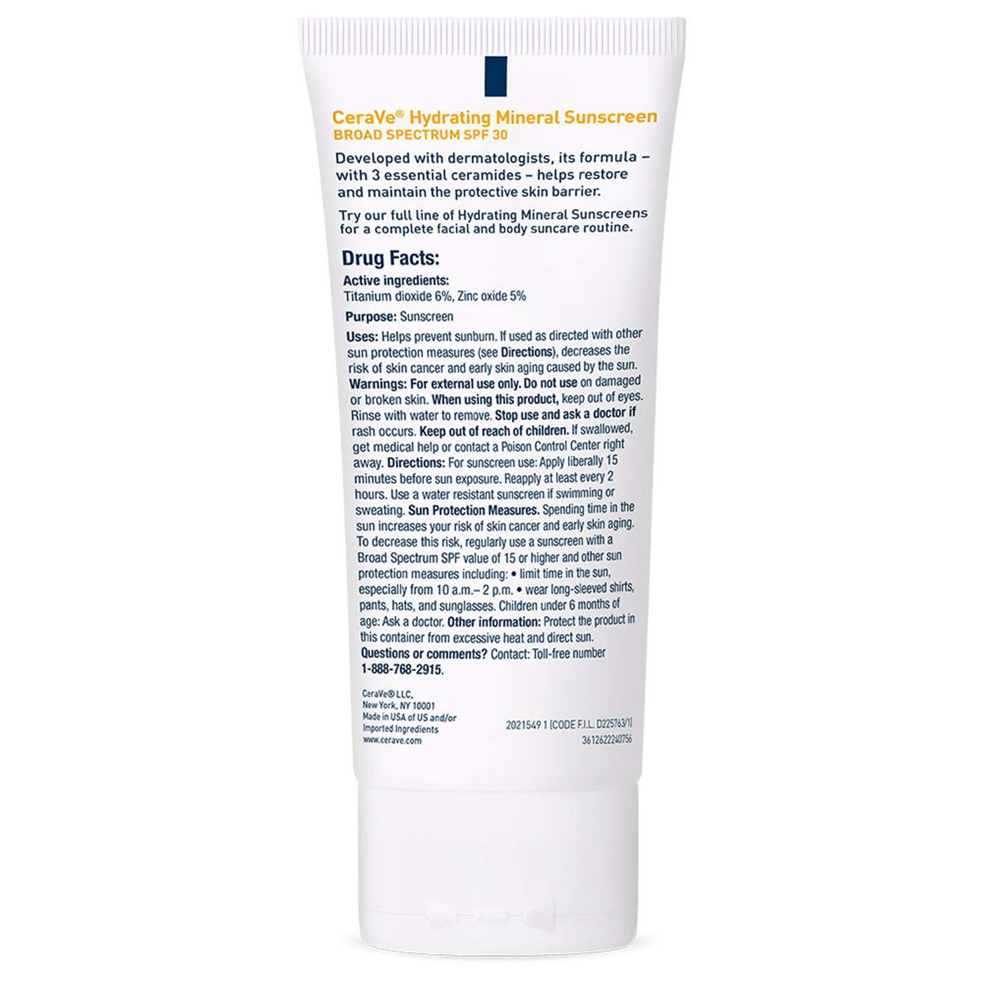 Loreal USA 60600051503 - CeraVe® Hydrating Mineral Sunscreen for Face, SPF 50, 2.5-ounce Tube - 1/Each