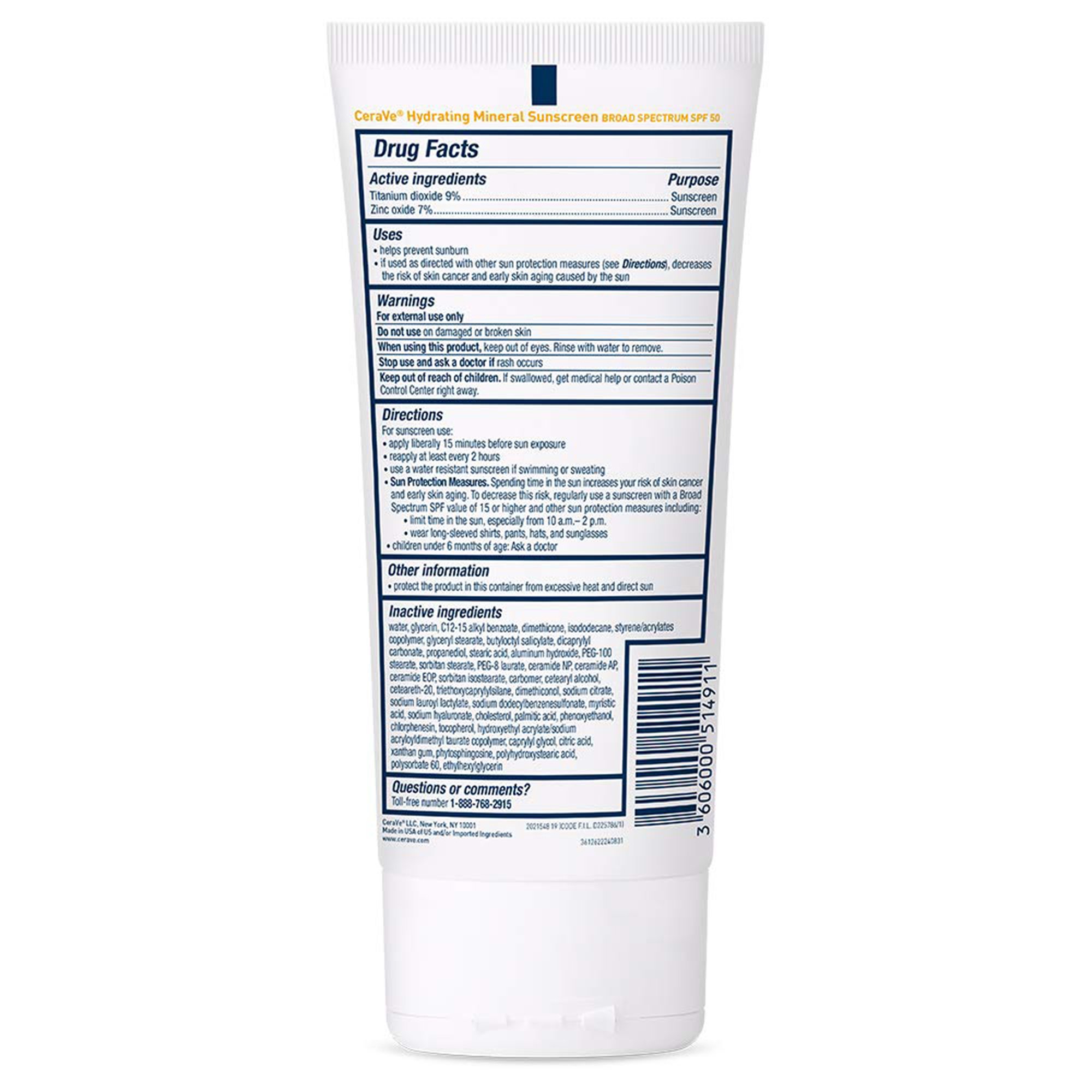 Loreal USA 60600051491 - CeraVe® Hydrating Mineral Sunscreen Body SPF 50, 5-ounce Tube - 1/Each