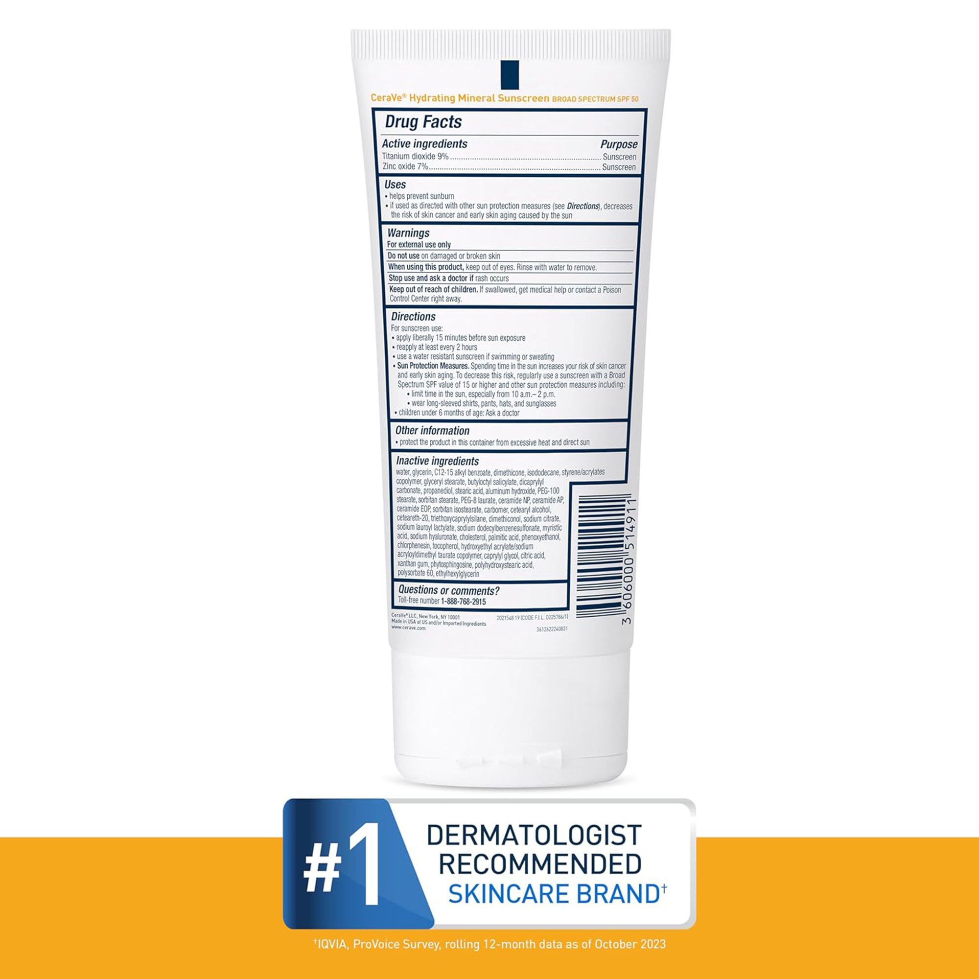 Loreal USA 60600051491 - CeraVe® Hydrating Mineral Sunscreen Body SPF 50, 5-ounce Tube - 1/Each
