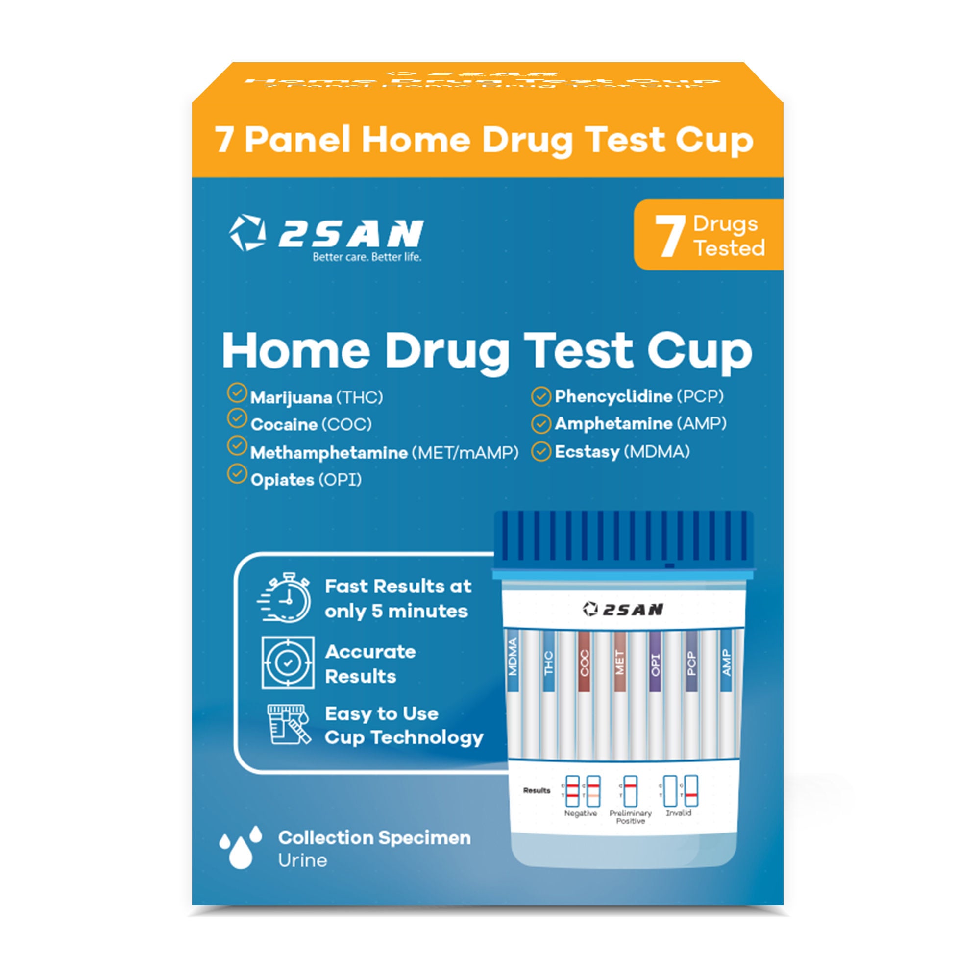 2San LLC - USDA9WO-1 Drugs of Abuse Test Kit 2San™ AMP, COC, mAMP/MET, MDMA, OPI, PCP, THC 1 per Kit (18 Kits per Case) CLIA Waived