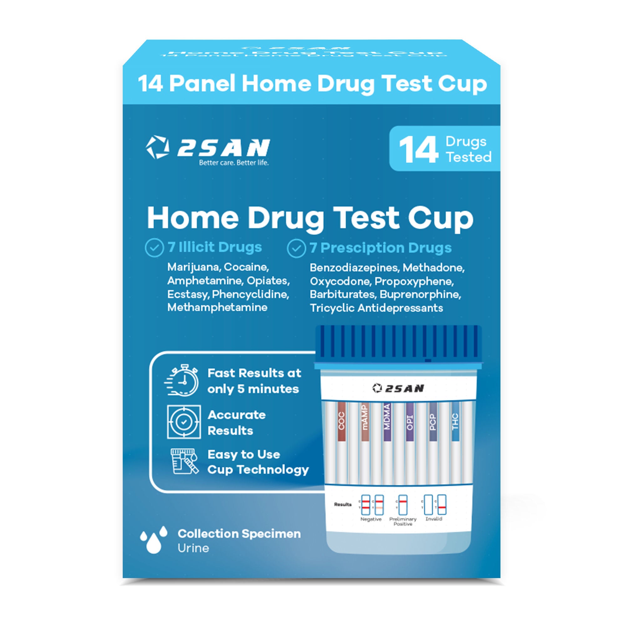 2San LLC - USDA10WO Drugs of Abuse Test Kit 2San™ AMP, BAR, BUP, BZO, COC, mAMP/MET, MDMA, MTD, OPI, OXY, PCP, PPX, TCA, THC 1 per Kit (18 Kits per Case) CLIA Waived