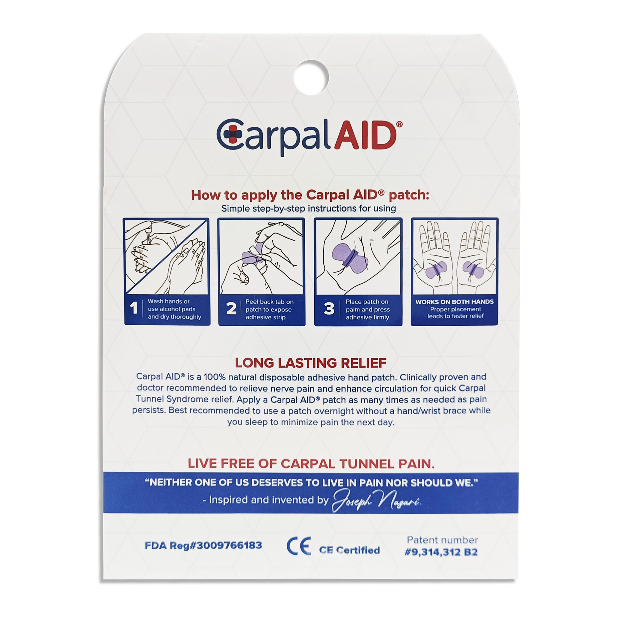Carpal AID LLC CA-30PK UNI - Carpal Aid® Patch Hand-Based Carpal Tunnel Support - 30/Pack, 1440/Case