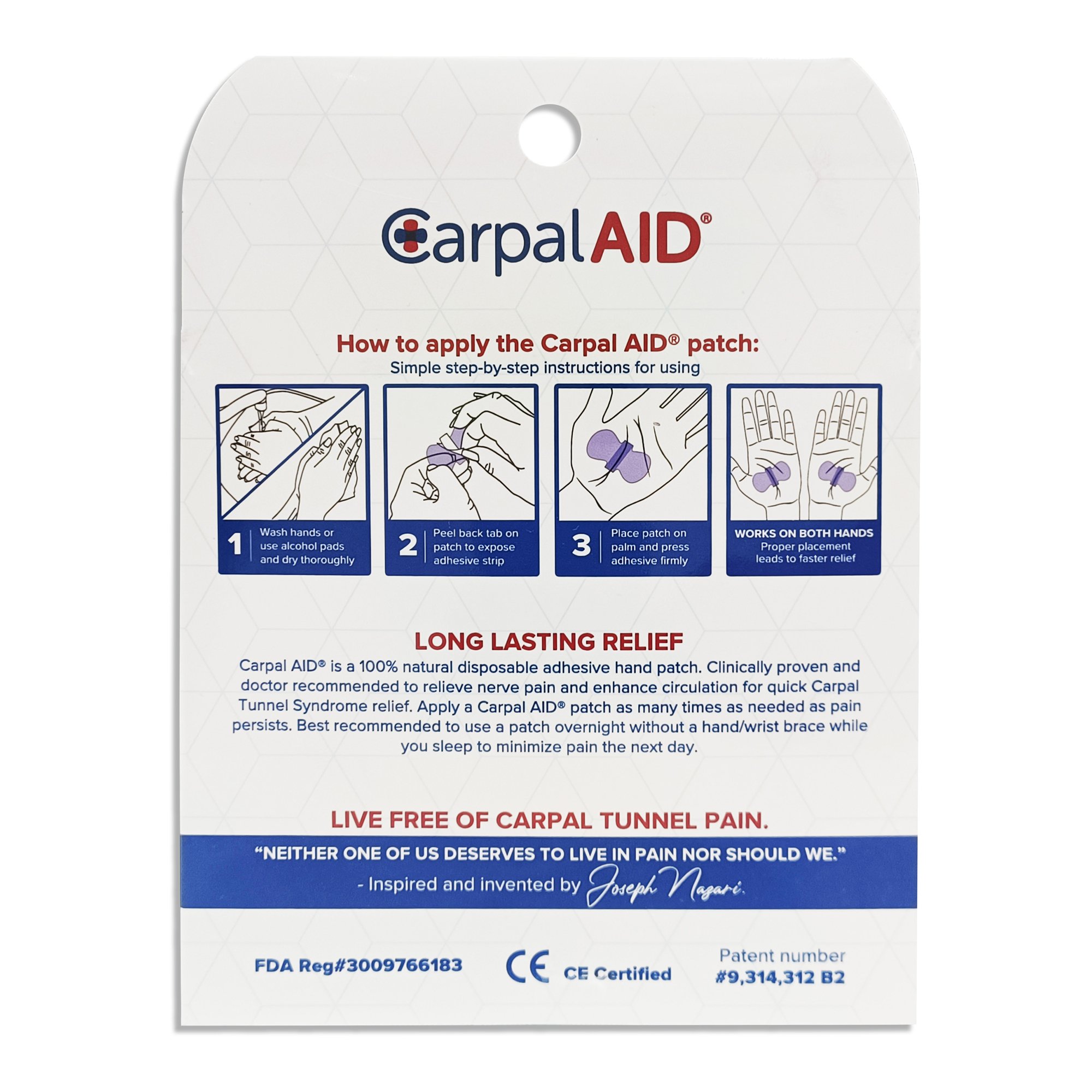 Carpal AID LLC CA-100PK UNI - Carpal Aid® Patch Hand-Based Carpal Tunnel Support - 100/Pack, 4800/Case