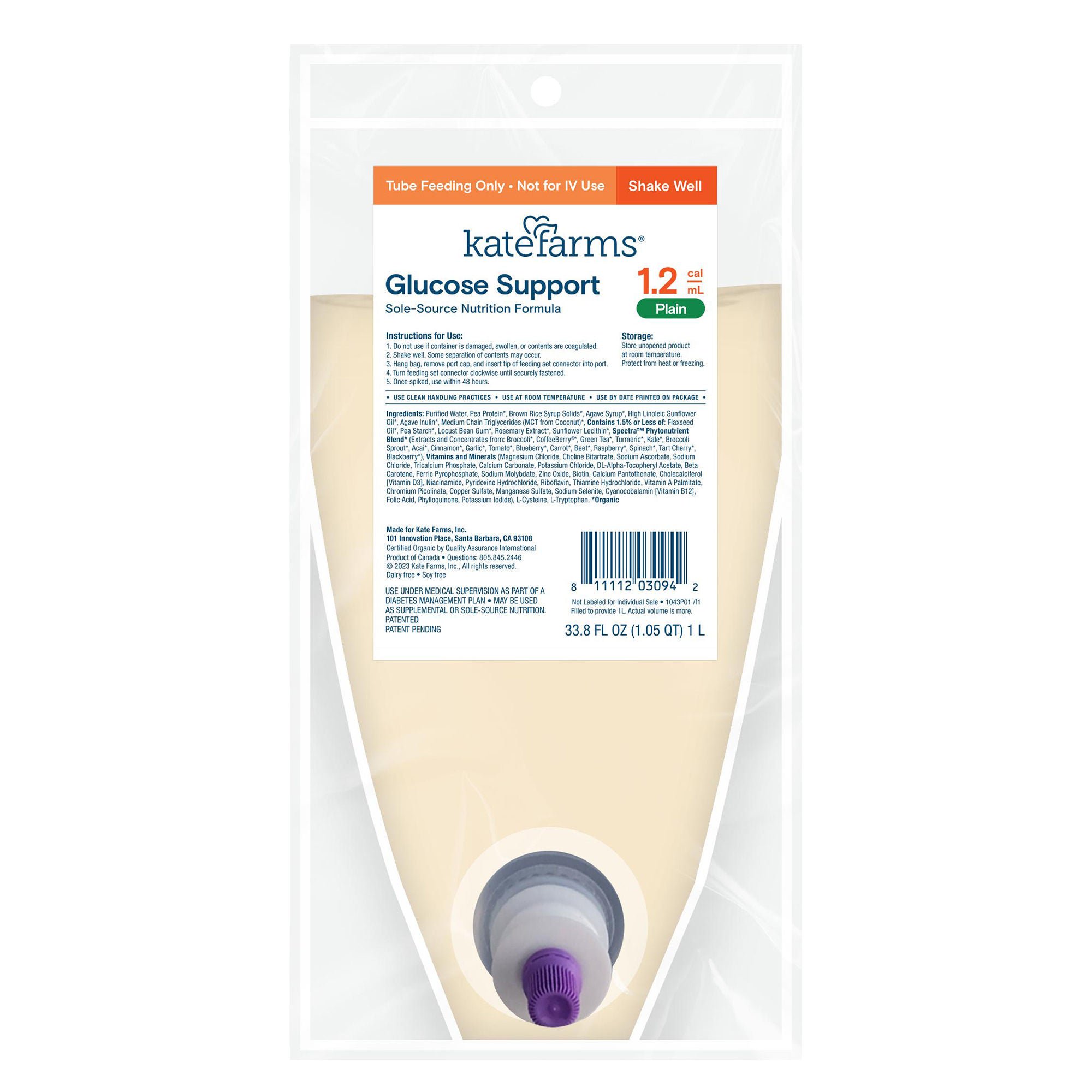 Kate Farms - 811112030959 Tube Feeding Formula Kate Farms Glucose Support 1.2 Plain Flavor Liquid 1000 mL Ready to Hang Prefilled Container