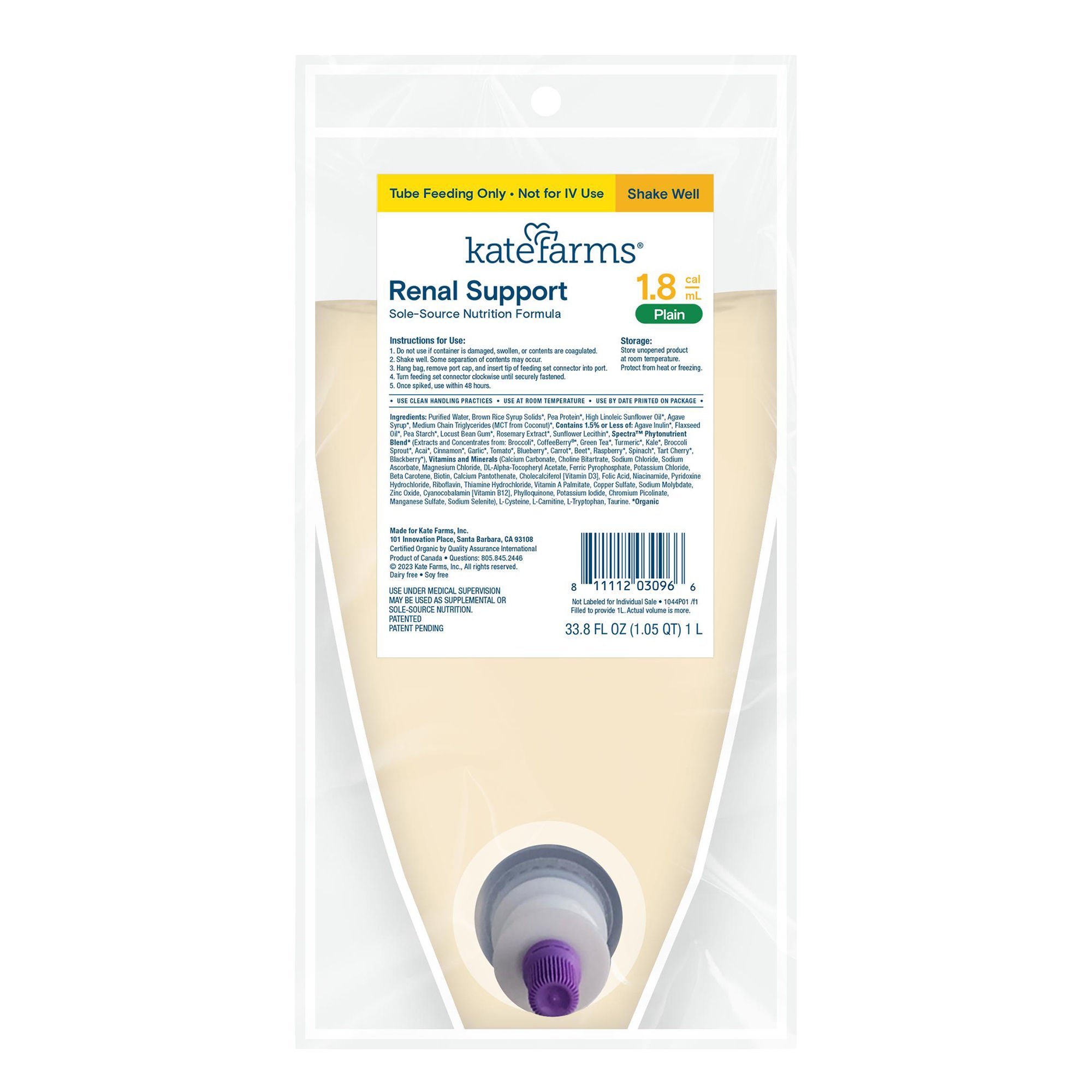 Kate Farms - 811112030973 Tube Feeding Formula Kate Farms Renal Support 1.8 Plain Flavor Liquid 1000 mL Ready to Hang Prefilled Container