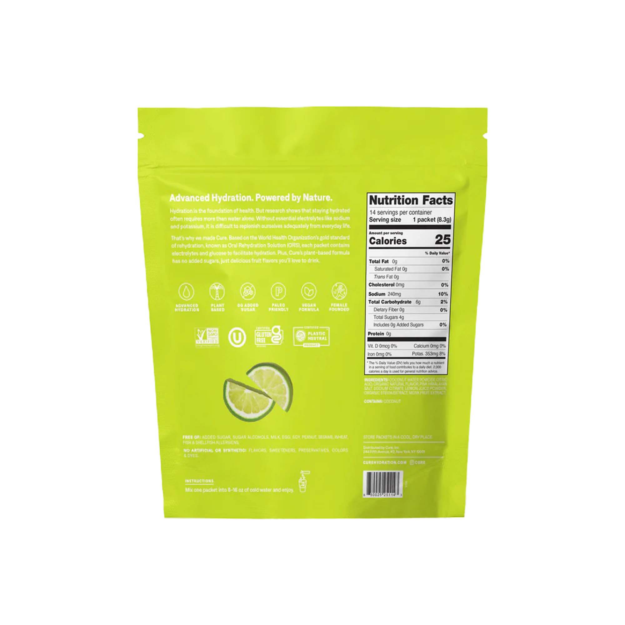 Cure Hydration HM1006 - Cure Electrolyte Drink Mix made with Coconut Water, Lime, 7.7-gram Packets - 14/Pack, 168/Case