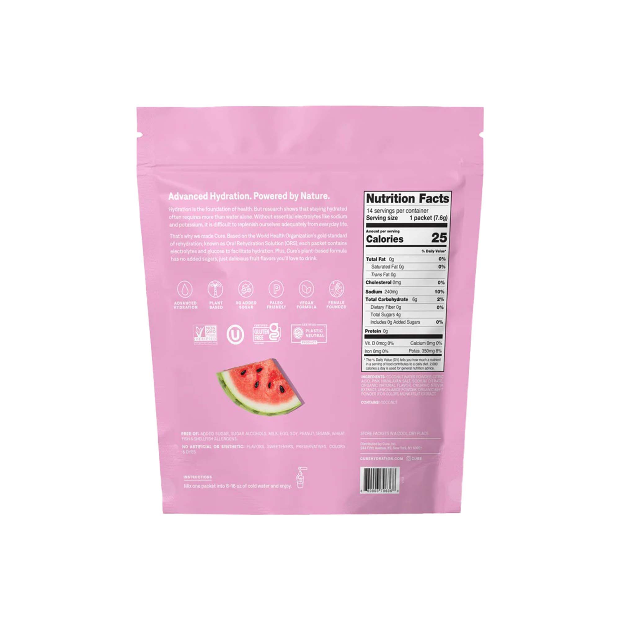 Cure Hydration HM1005 - Cure Electrolyte Drink Mix made with Coconut Water, Watermelon, 7.7-gram Packets - 14/Pack, 168/Case