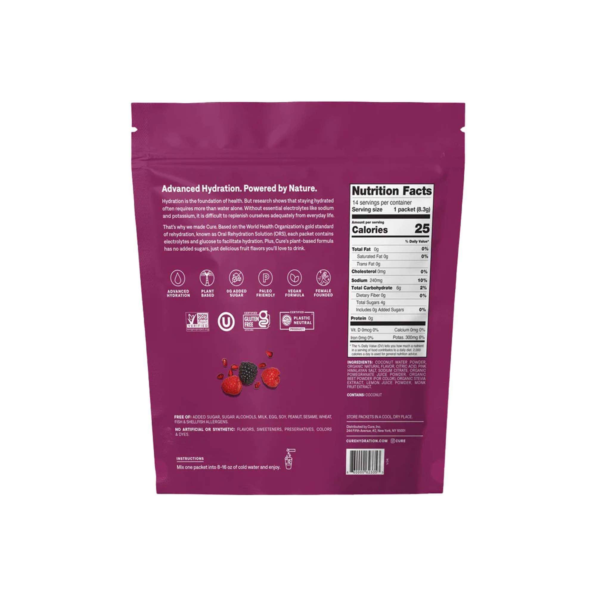 Cure Hydration HM1002 - Cure Electrolyte Drink Mix made with Coconut Water, Berry, 7.7-gram Packets - 14/Pack, 168/Case