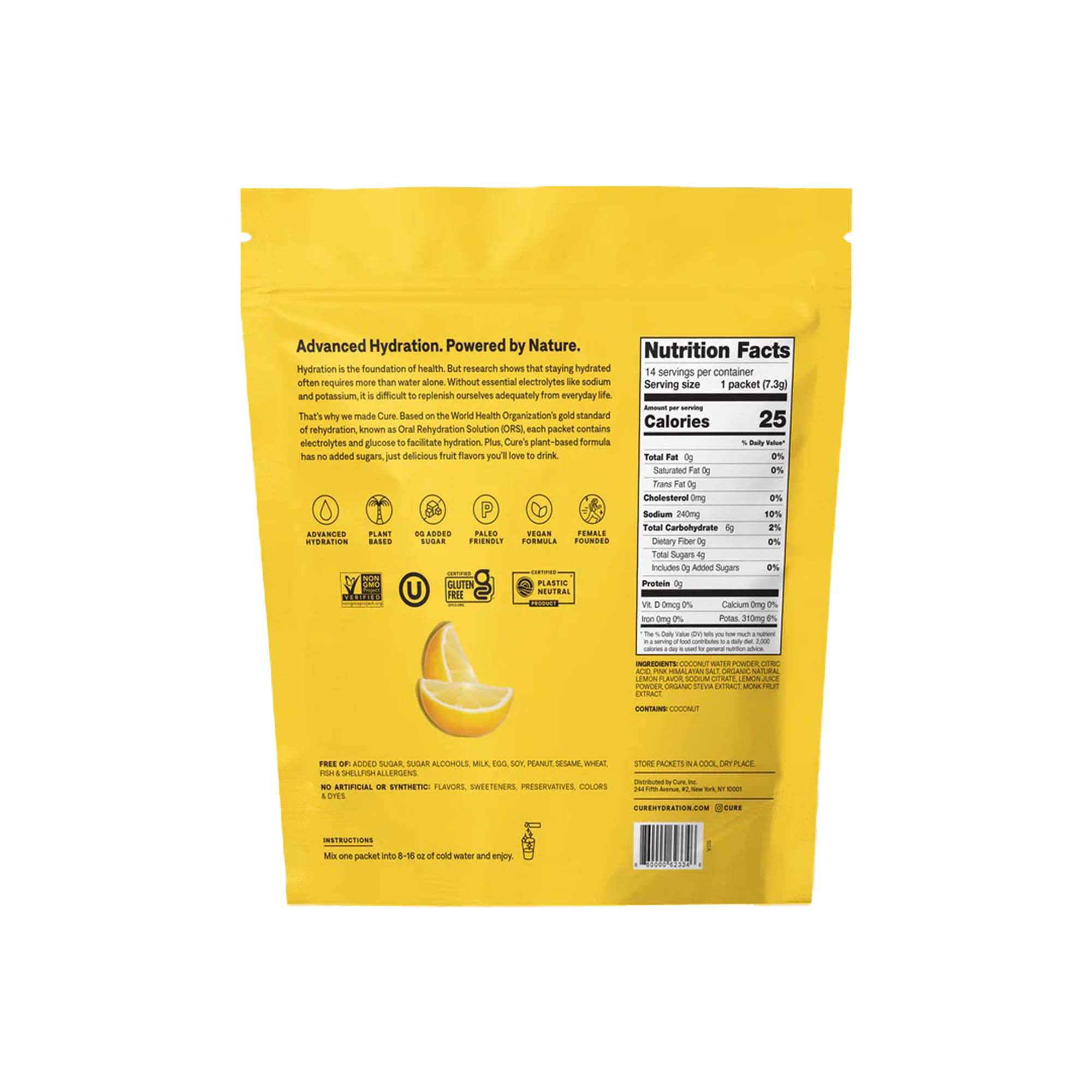 Cure Hydration HM1001 - Cure Electrolyte Drink Mix made with Coconut Water, Lemonade, 7.7-gram Packets - 14/Pack, 168/Case