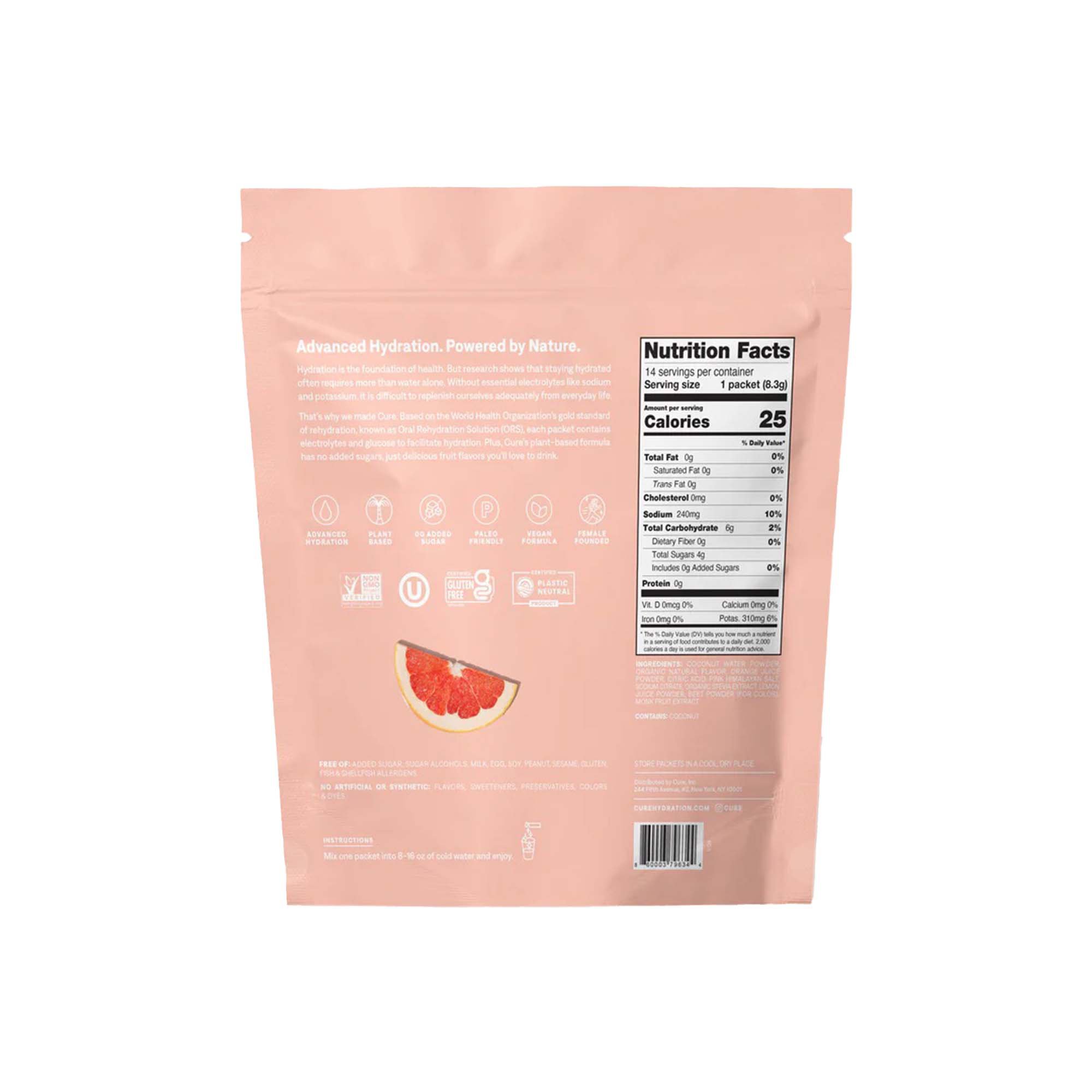 Cure Hydration HM1004 - Cure Electrolyte Drink Mix made with Coconut Water, Grapefruit, 7.7-gram Packets - 14/Pack, 168/Case
