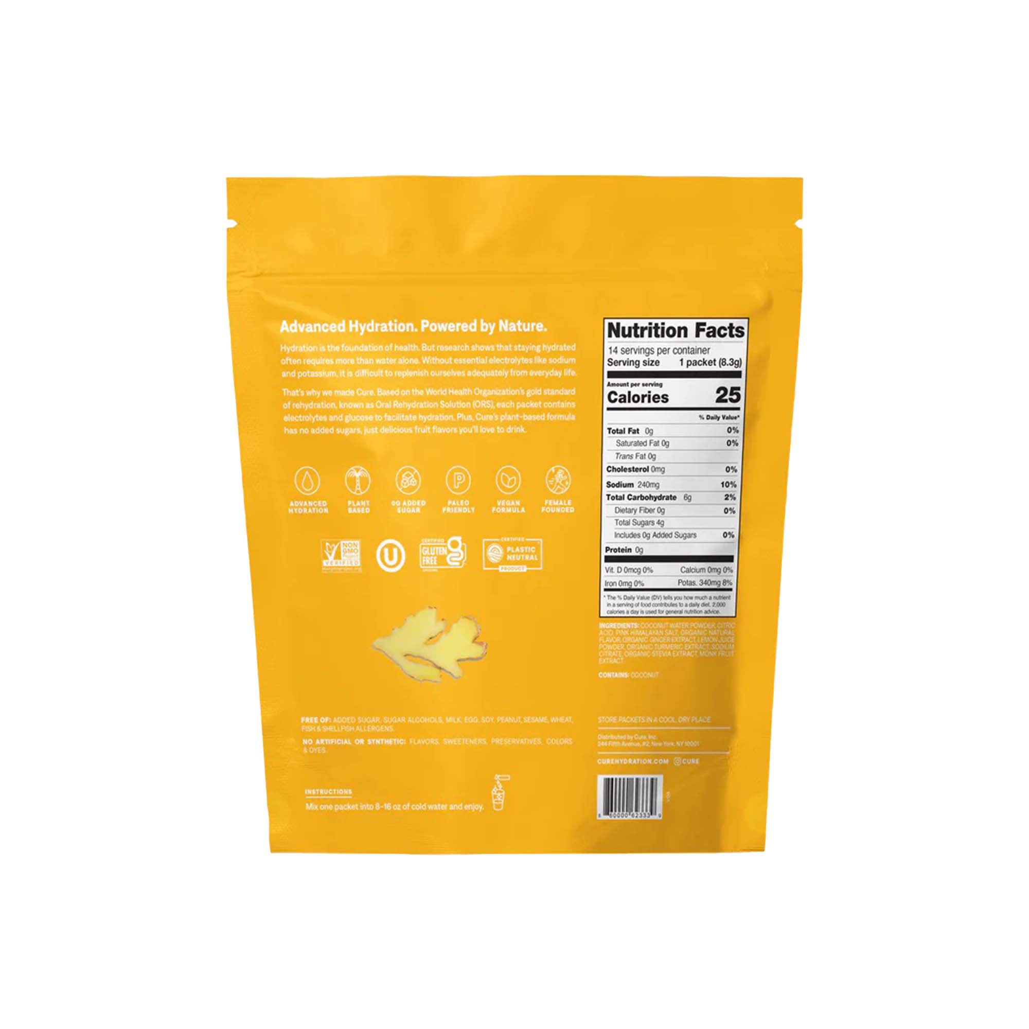 Cure Hydration HM1003 - Cure Electrolyte Drink Mix, Ginger Turmeric, 7.7-gram Packets - 14/Pack, 168/Case