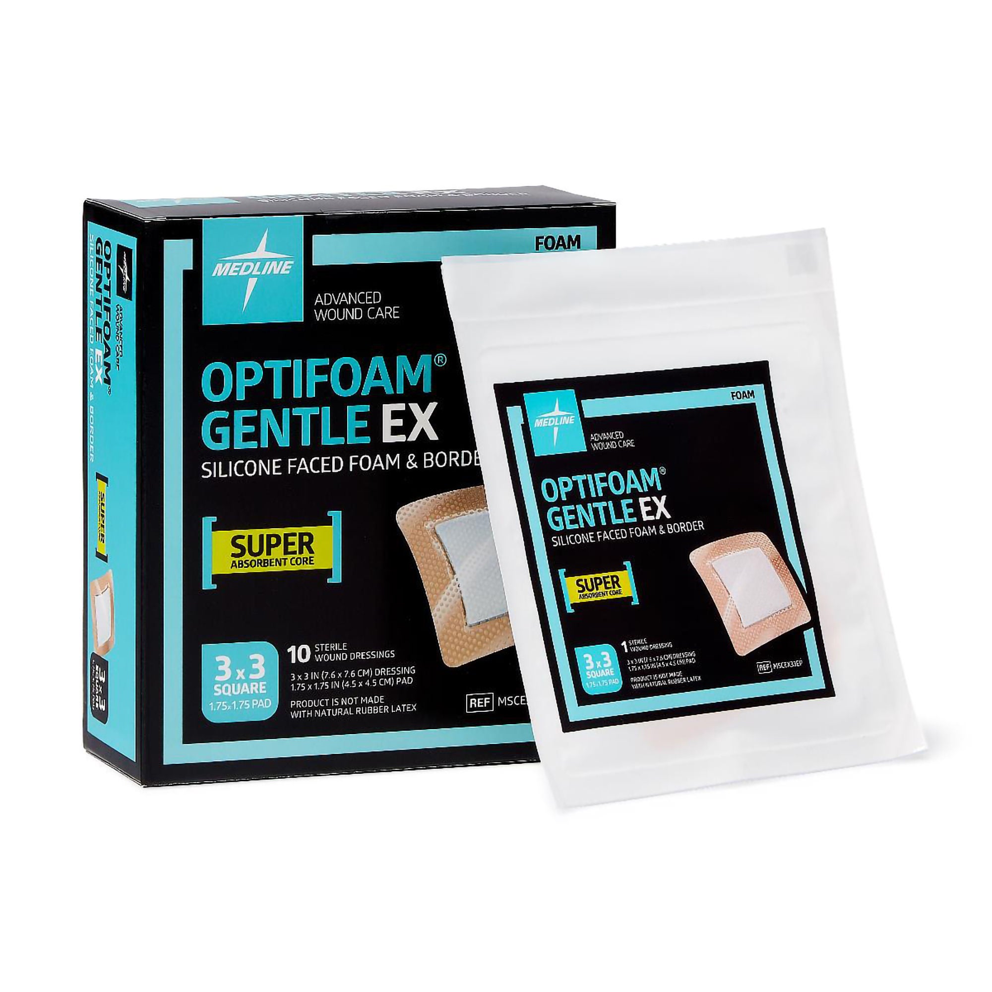 Medline - MSCEX33EP Foam Dressing Optifoam® Gentle EX 3 X 3 Inch With Border Waterproof Backing Silicone Face and Border Square Sterile