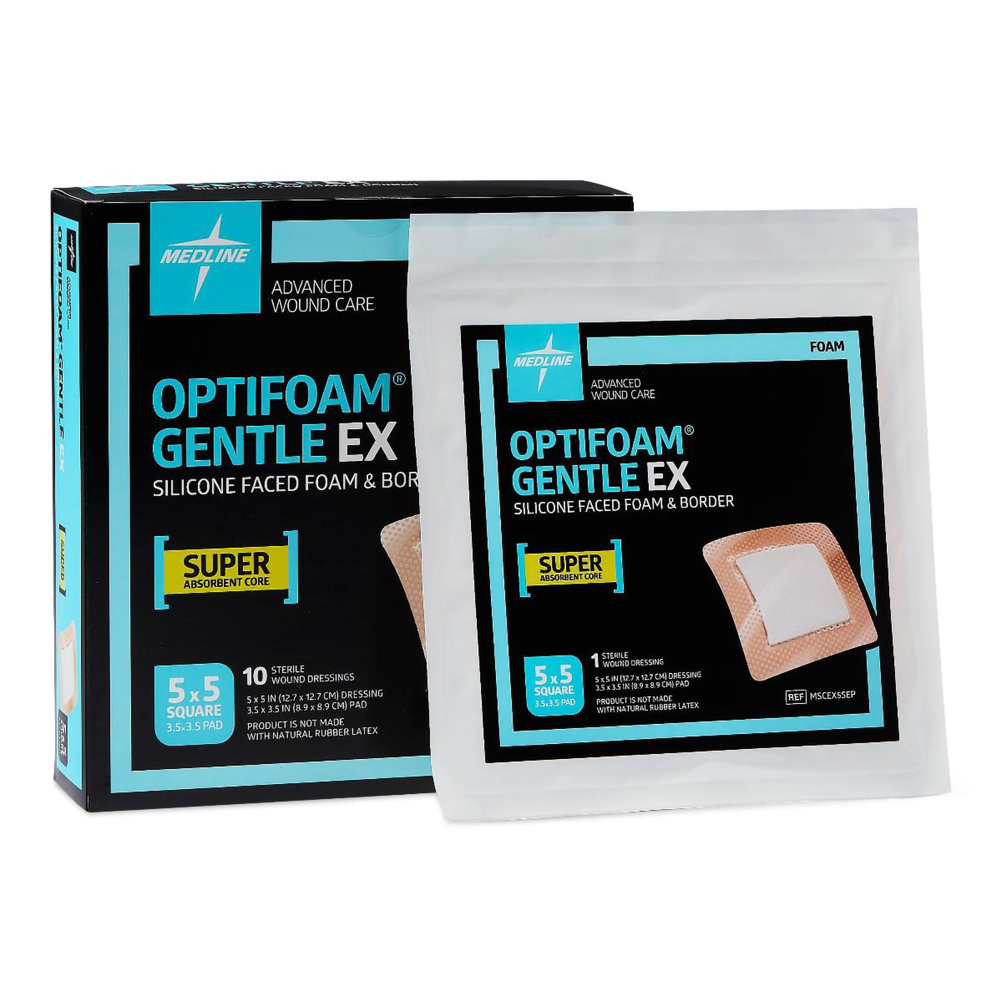 Medline - MSCEX55EP Foam Dressing Optifoam® Gentle EX 5 X 5 Inch With Border Waterproof Backing Silicone Face and Border Square Sterile