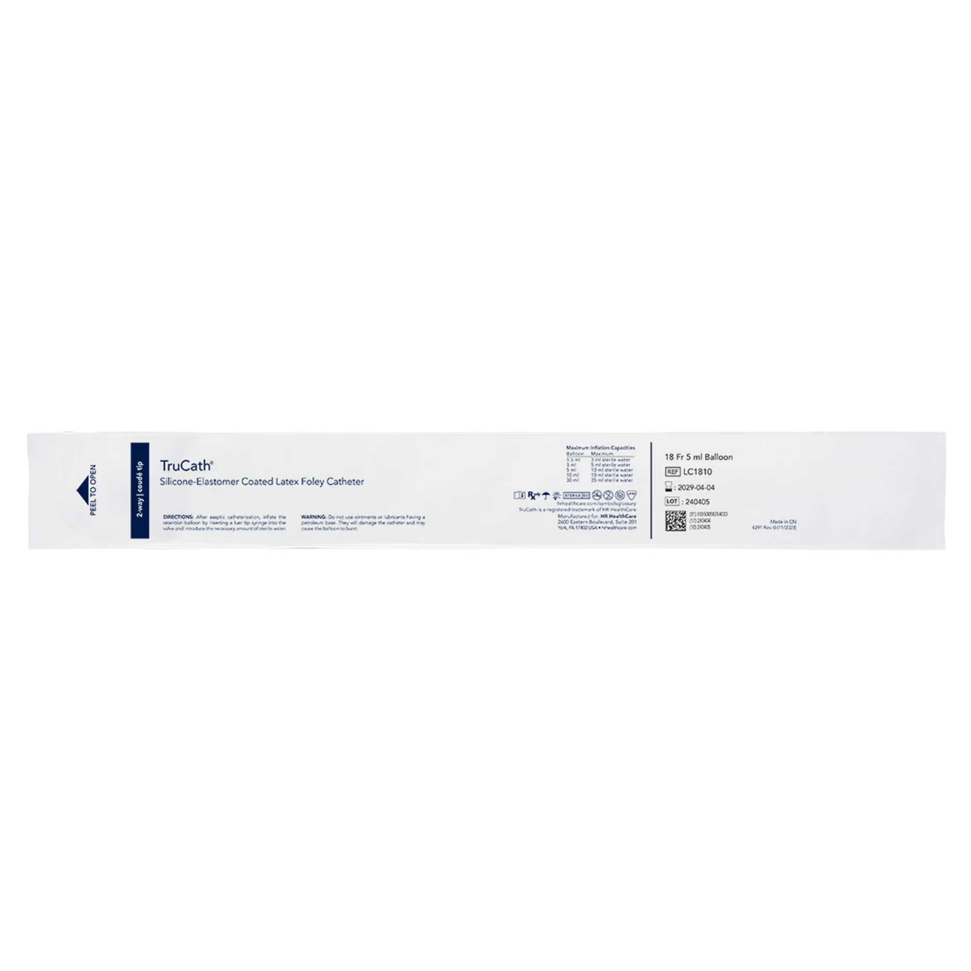HR Healthcare - LC1810 Foley Catheter TruCath® 2-Way Coude Tip 5 mL Balloon 18 Fr. Silicone Elastomer Coated Latex