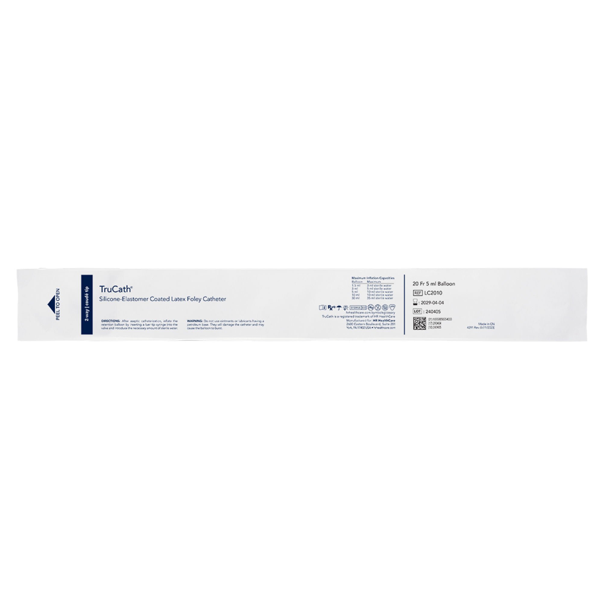 HR Healthcare - LC2010 Foley Catheter TruCath® 2-Way Coude Tip 5 mL Balloon 20 Fr. Silicone Elastomer Coated Latex