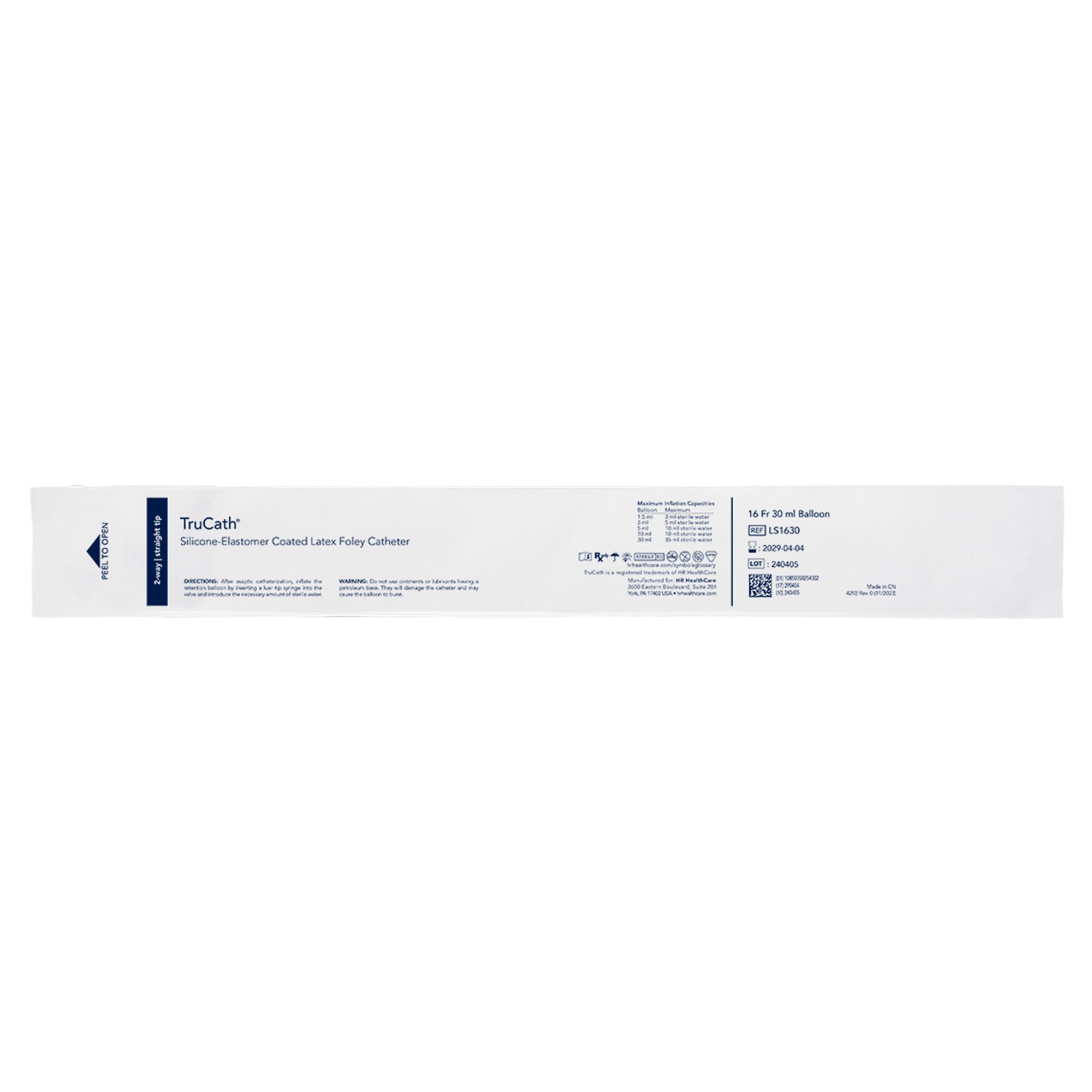 HR Healthcare - LS1630 Foley Catheter TruCath® 2-Way Standard Tip 30 mL Balloon 16 Fr. Silicone Elastomer Coated Latex