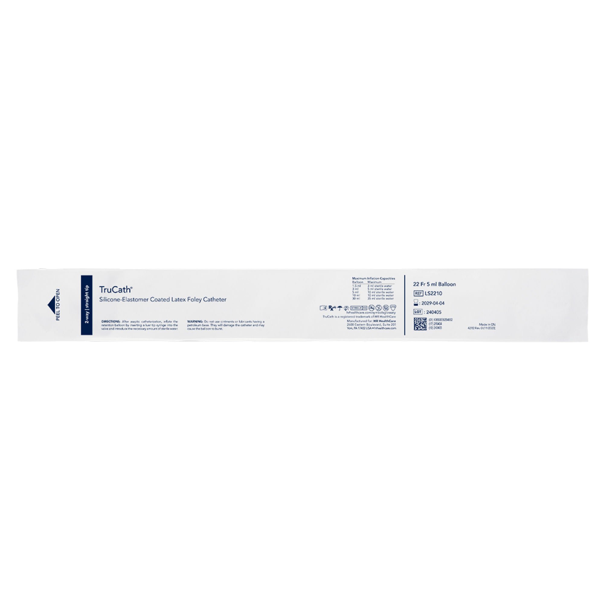 HR Healthcare - LS2210 Foley Catheter TruCath® 2-Way Standard Tip 5 mL Balloon 22 Fr. Silicone Elastomer Coated Latex