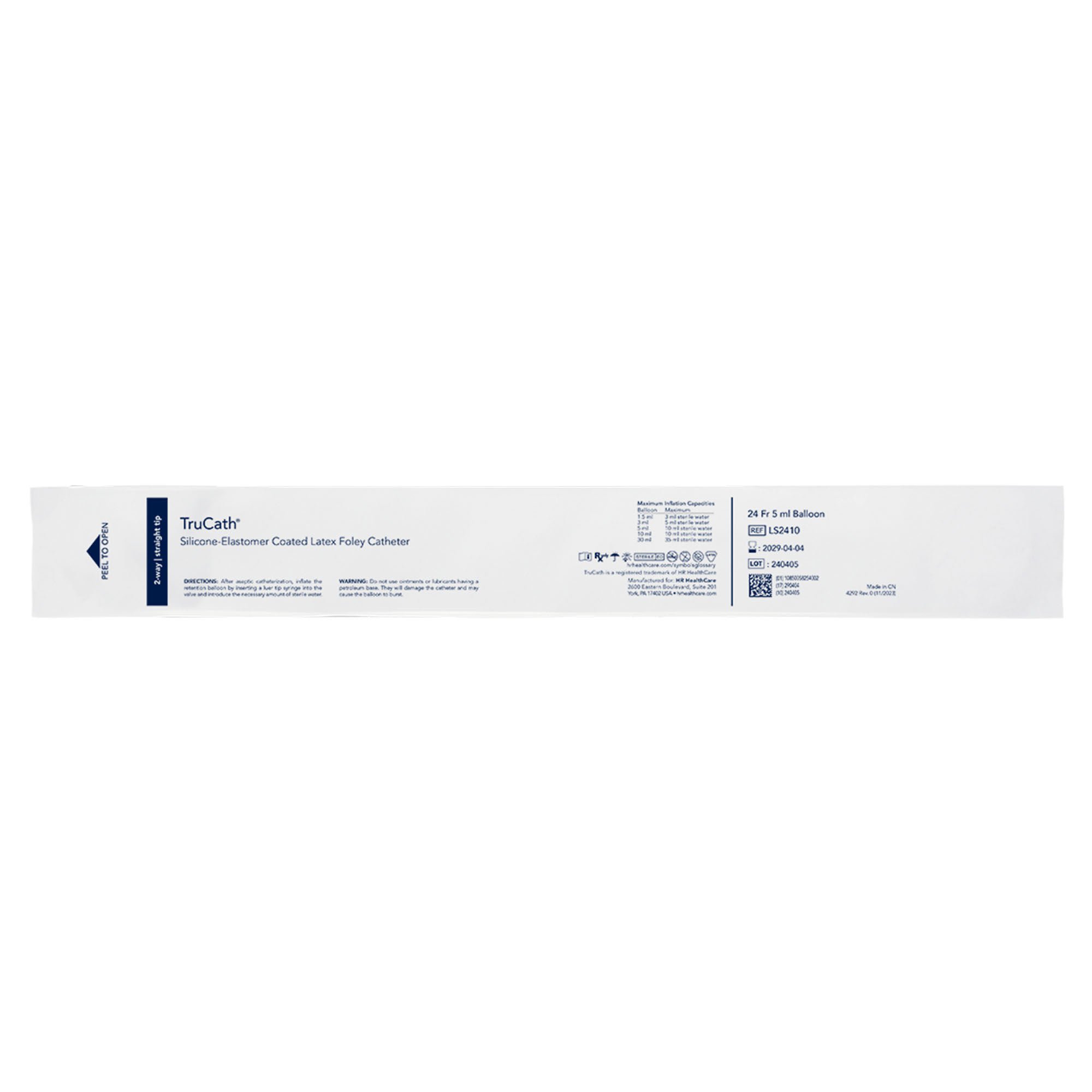HR Healthcare - LS2410 Foley Catheter TruCath® 2-Way Standard Tip 5 mL Balloon 24 Fr. Silicone Elastomer Coated Latex