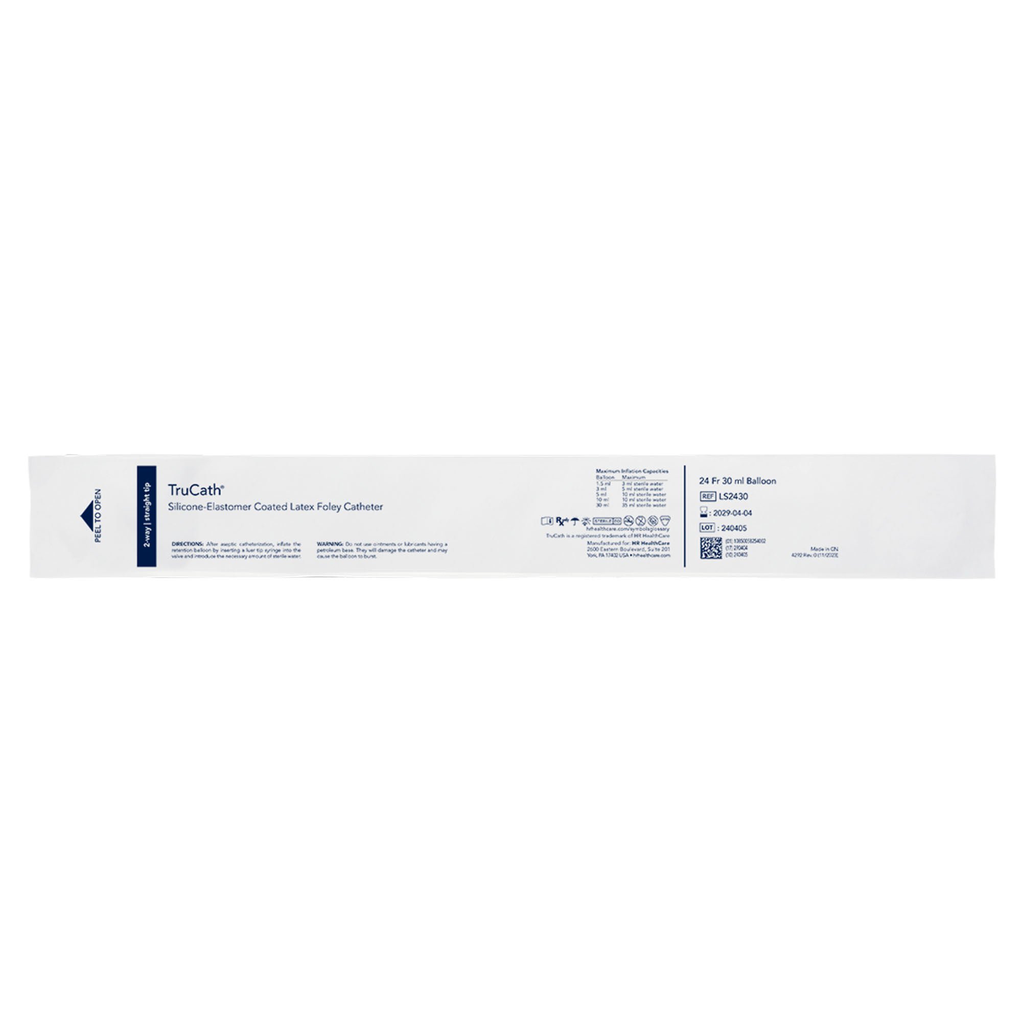 HR Healthcare - LS2430 Foley Catheter TruCath® 2-Way Standard Tip 30 mL Balloon 24 Fr. Silicone Elastomer Coated Latex