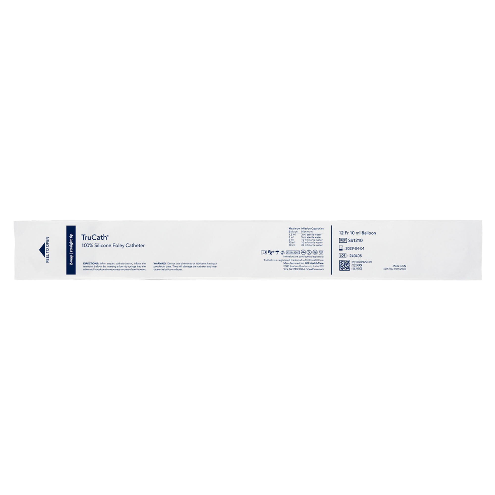 HR Healthcare - SS1210 Foley Catheter TruCath® 2-Way Standard Tip 10 mL Balloon 12 Fr. Silicone