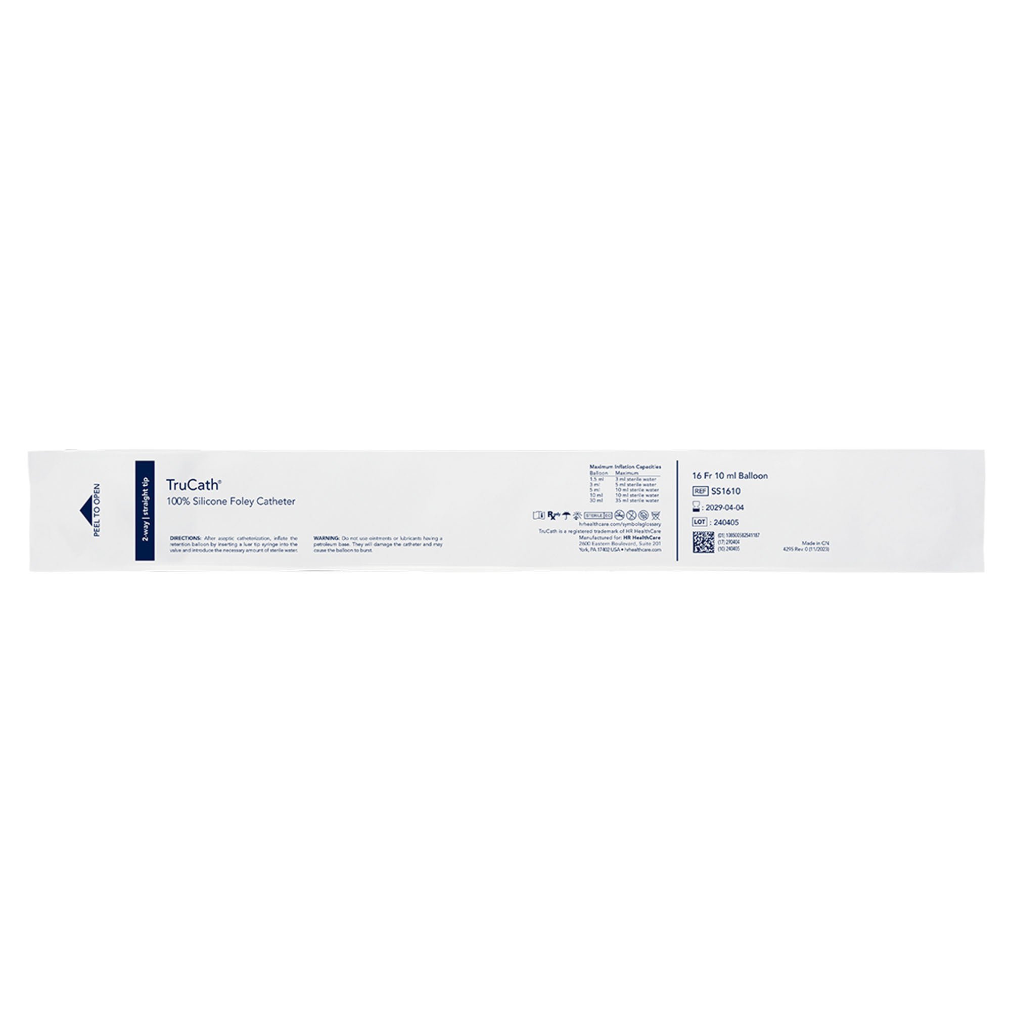 HR Healthcare - SS1610 Foley Catheter TruCath® 2-Way Standard Tip 10 mL Balloon 16 Fr. Silicone