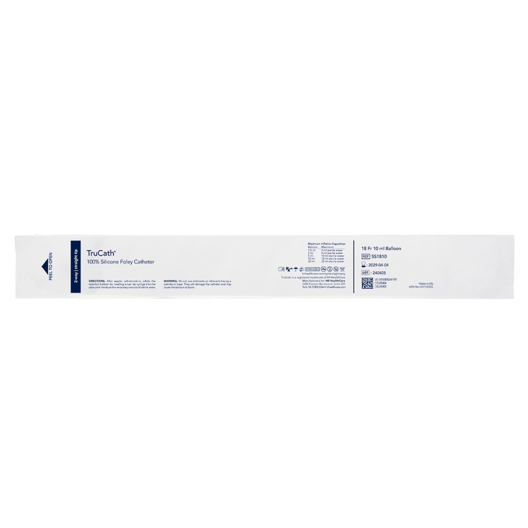 HR Healthcare - SS1810 Foley Catheter TruCath® 2-Way Standard Tip 10 mL Balloon 18 Fr. Silicone