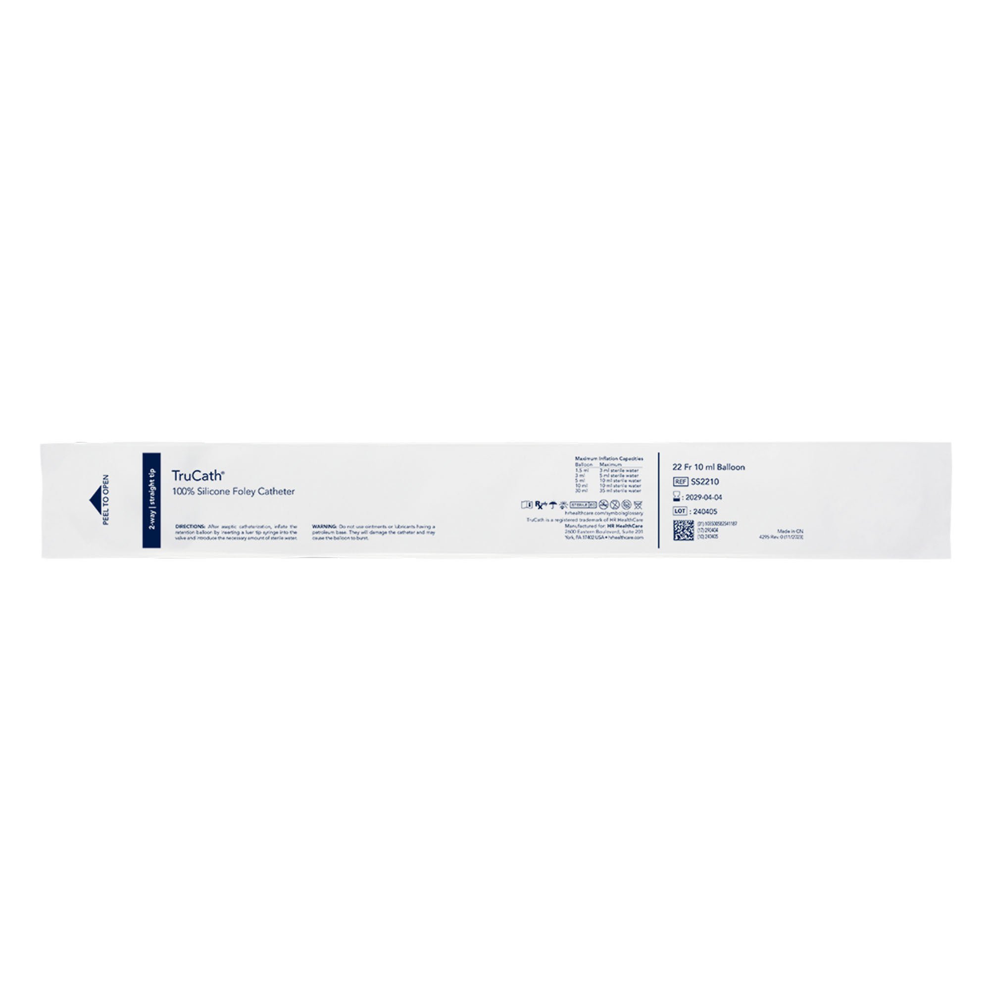 HR Healthcare - SS2210 Foley Catheter TruCath® 2-Way Standard Tip 10 mL Balloon 22 Fr. Silicone