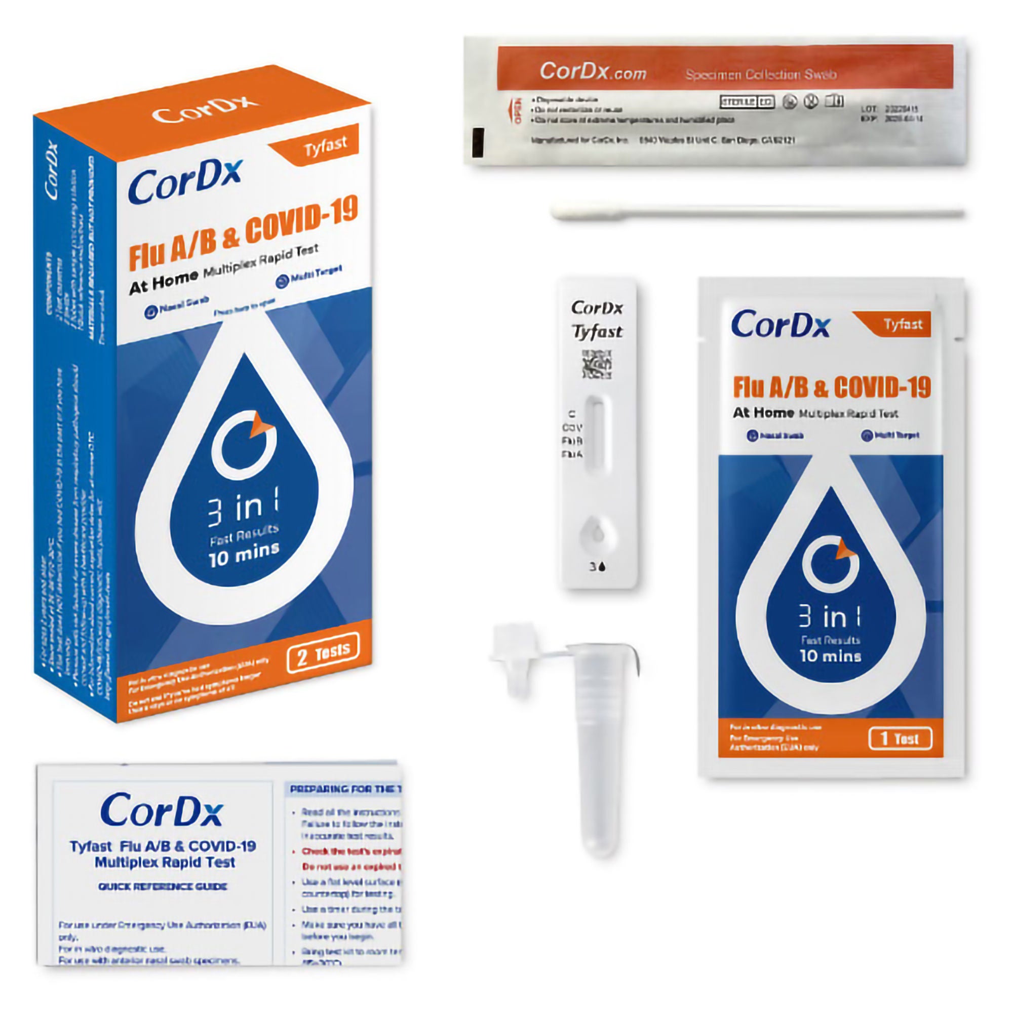 CorDx Inc - ACT21002206 Respiratory Test Kit Tyfast Flu A/B & COVID-19 At Home Multiplex Rapid Test 2 Tests per Kit