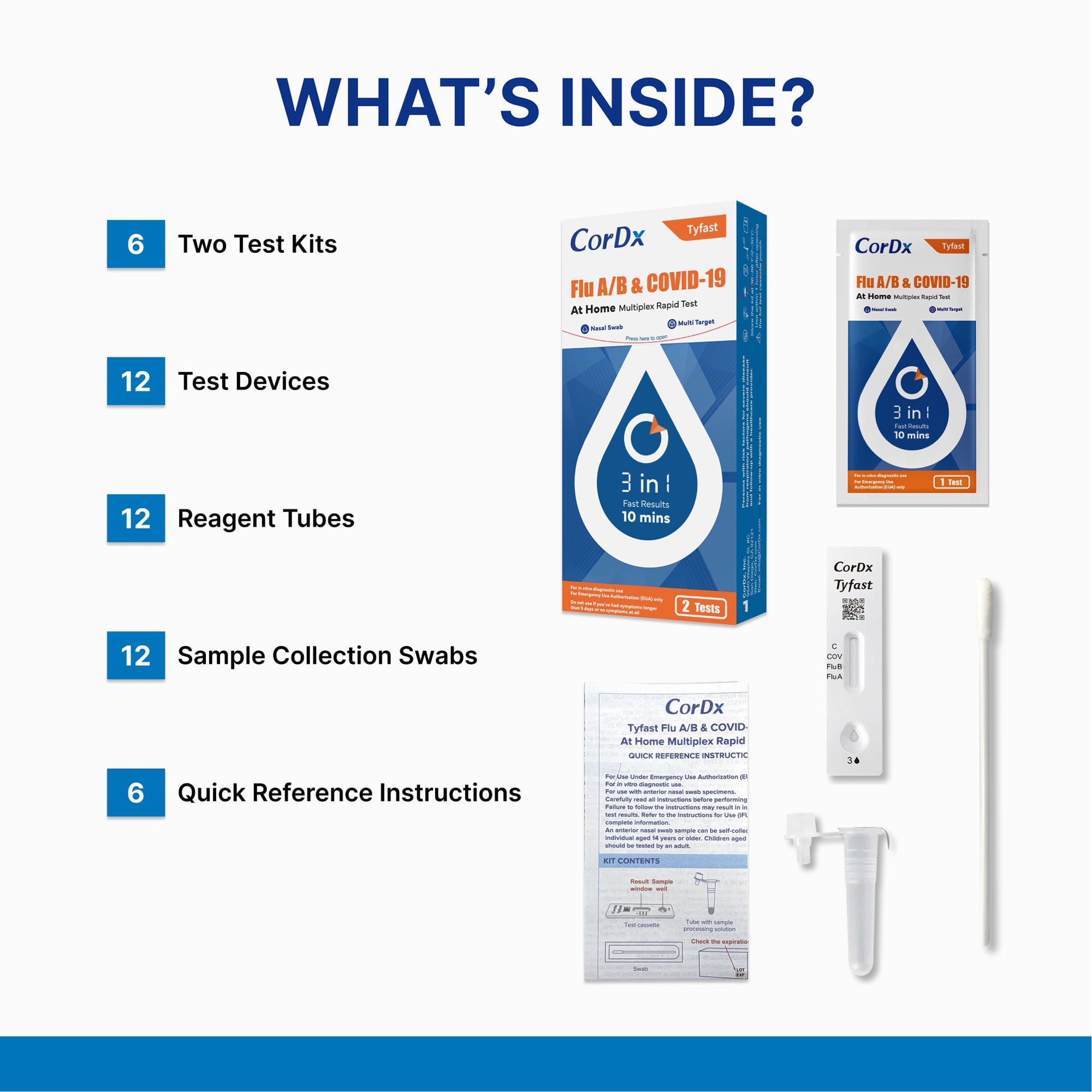 CorDx Inc - ACT21002206 Respiratory Test Kit Tyfast Flu A/B & COVID-19 At Home Multiplex Rapid Test 2 Tests per Kit
