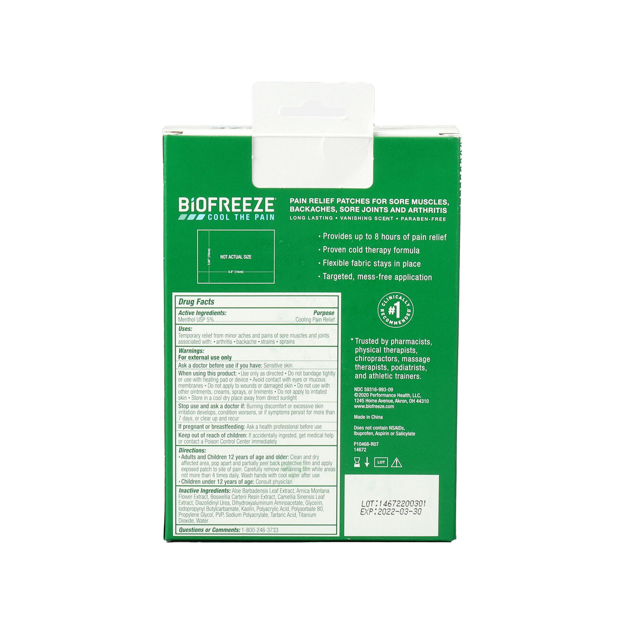 Boxout LLC 3210136 - Biofreeze® 5% Menthol Pain Relieving Patch, Five 14 x 10 centimeter Patches - 3/Box, 24/Case
