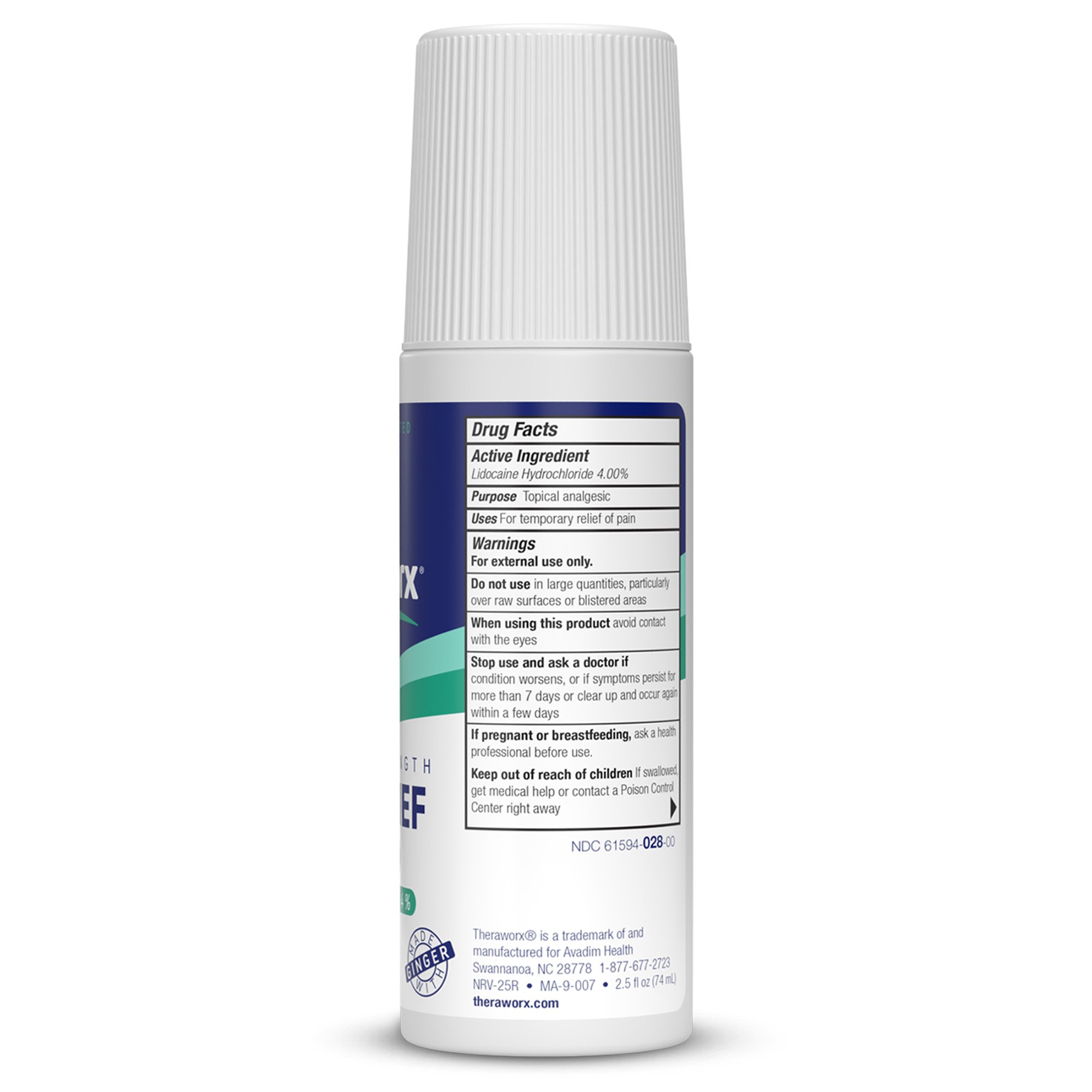 Avadim NRV-25R-4X4 - Theraworx® Maximum Strength Pain Relief Roll-On with 4% Lidocaine - 4/Pack, 16/Case