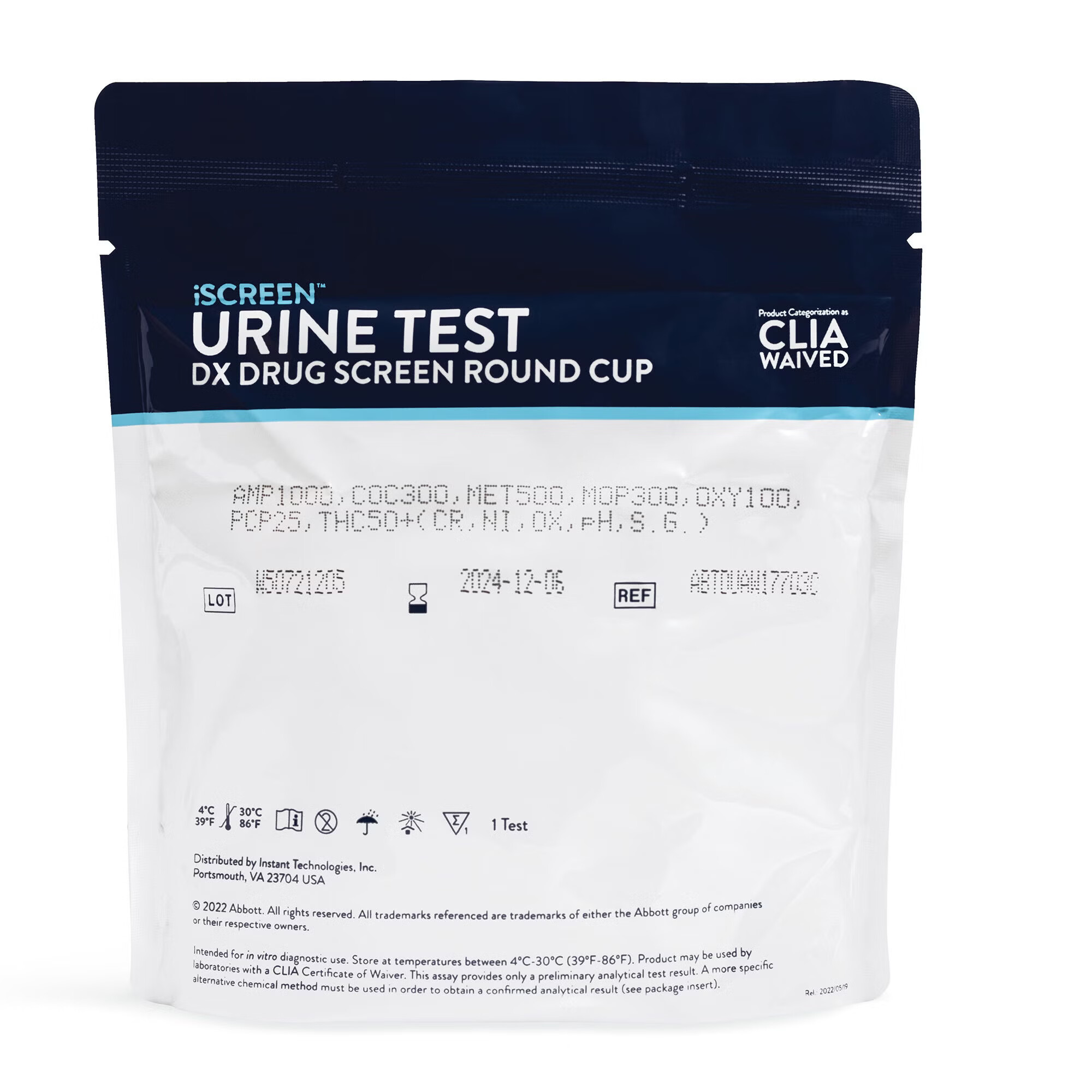 Abbott Rapid Dx North America LLC - ABTDUAW114705E Drugs of Abuse Test Kit iScreen® DX AMP500, BAR300, BUP10, BZO300, COC150, FTY1, mAMP/MET500, MDMA500, MOP300, MTD300, OXY100, PCP25, TCA1000, THC50 (CR, pH, OX) 25 Tests CLIA Waived
